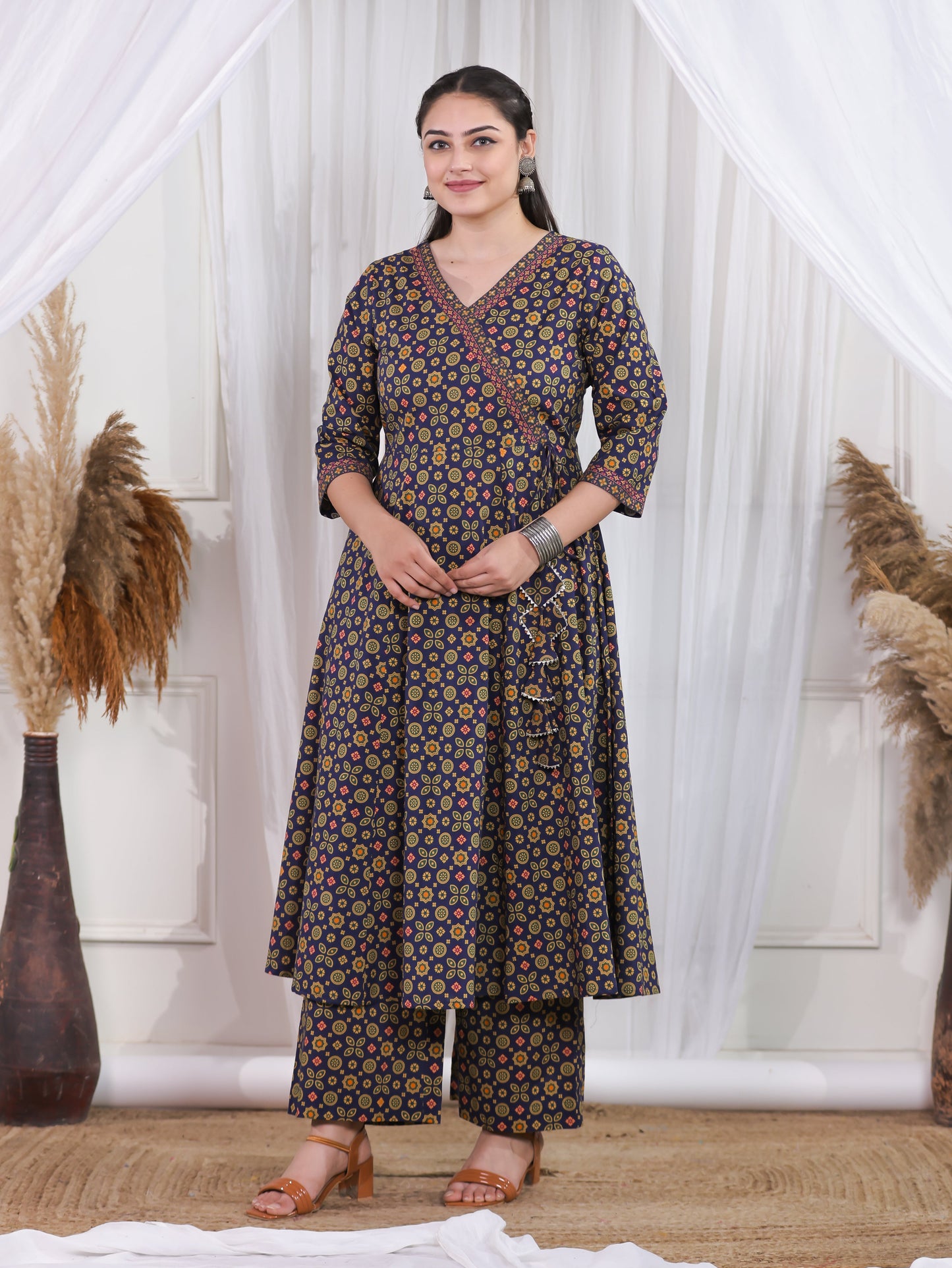 Soft Cotton Geometric Angrakha Navy Blue Kurta