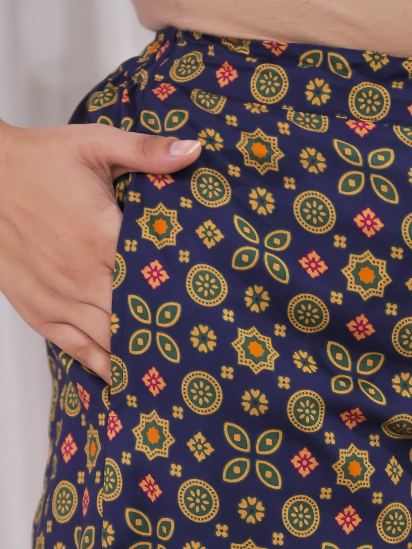 Soft Cotton Geometric Angrakha Navy Blue Kurta