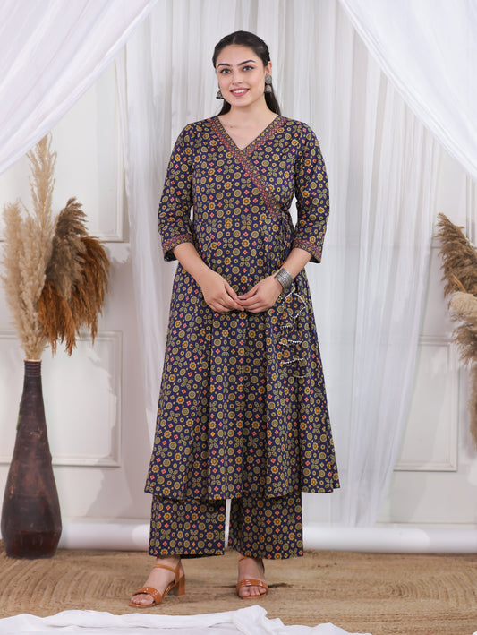 Soft Cotton Geometric Angrakha Navy Blue Kurta