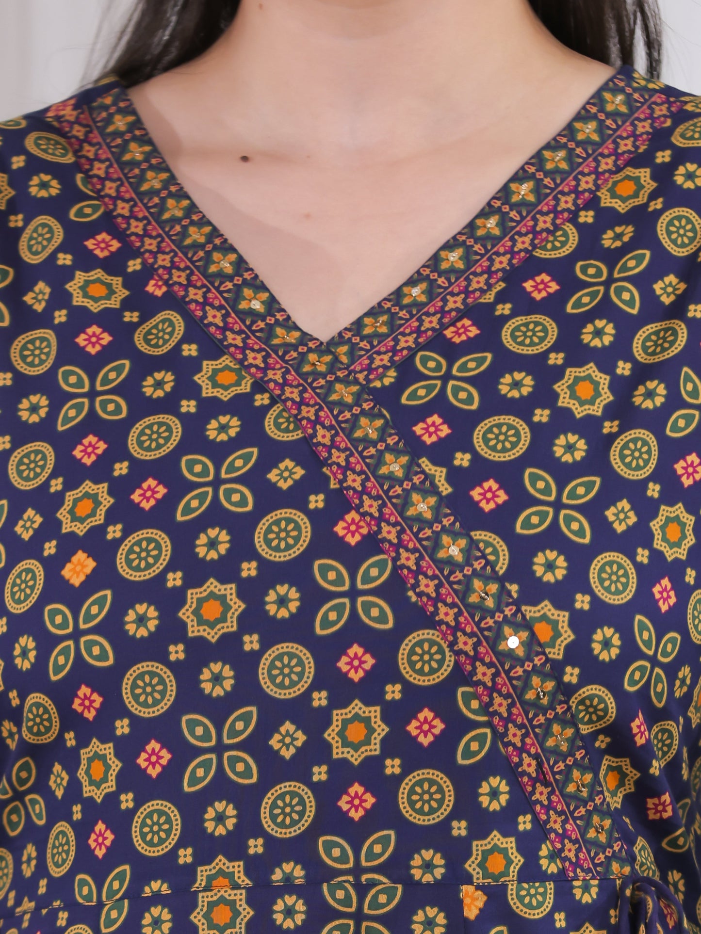 Soft Cotton Geometric Angrakha Navy Blue Kurta