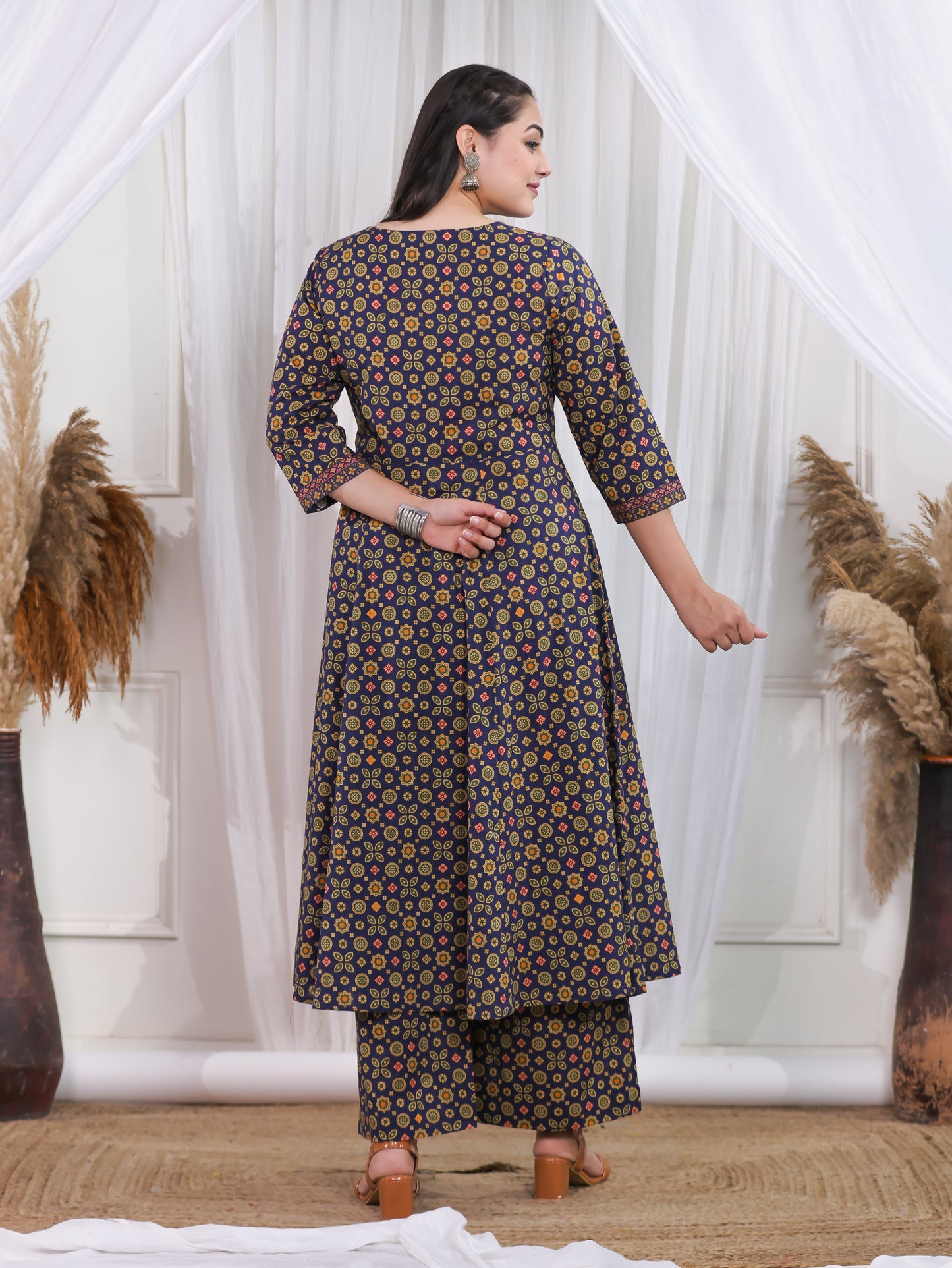 Soft Cotton Geometric Angrakha Navy Blue Kurta