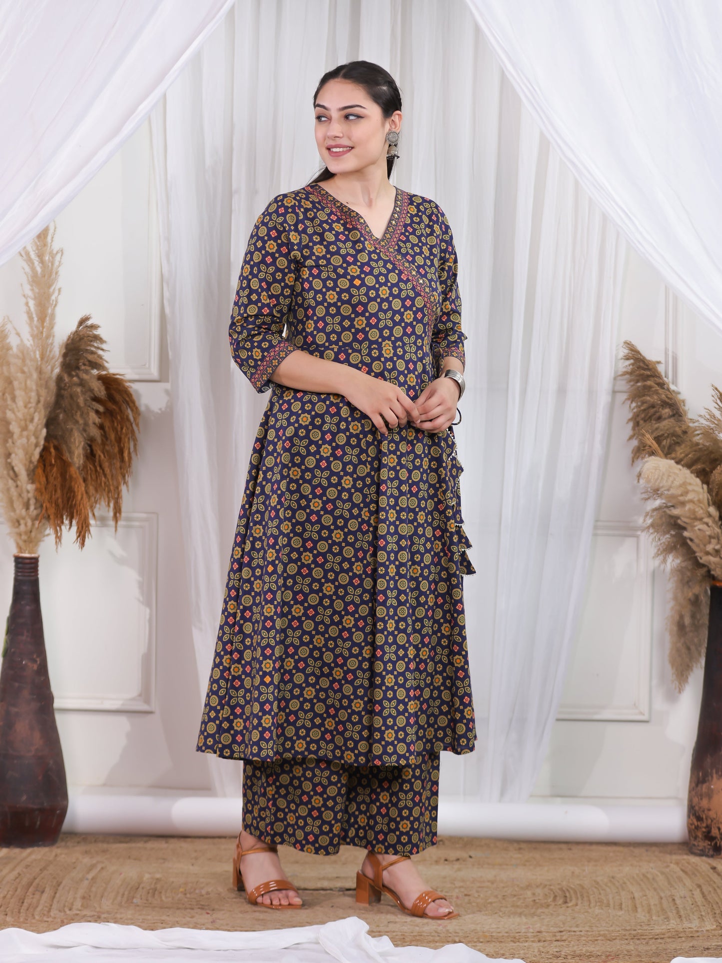 Soft Cotton Geometric Angrakha Navy Blue Kurta