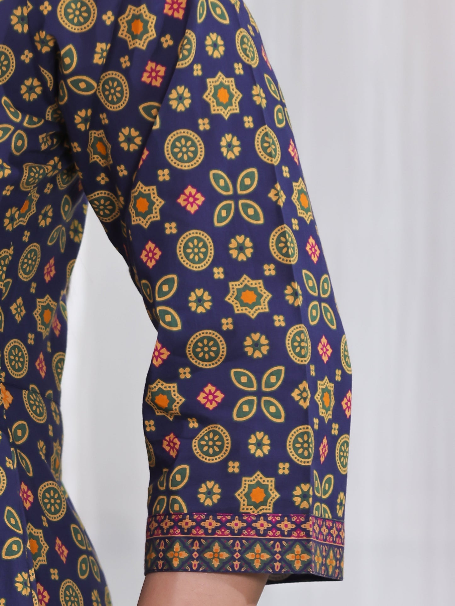 Soft Cotton Geometric Angrakha Navy Blue Kurta