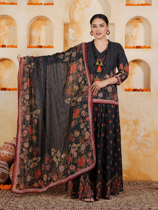 Cotton Voile Floral Black Dupatta