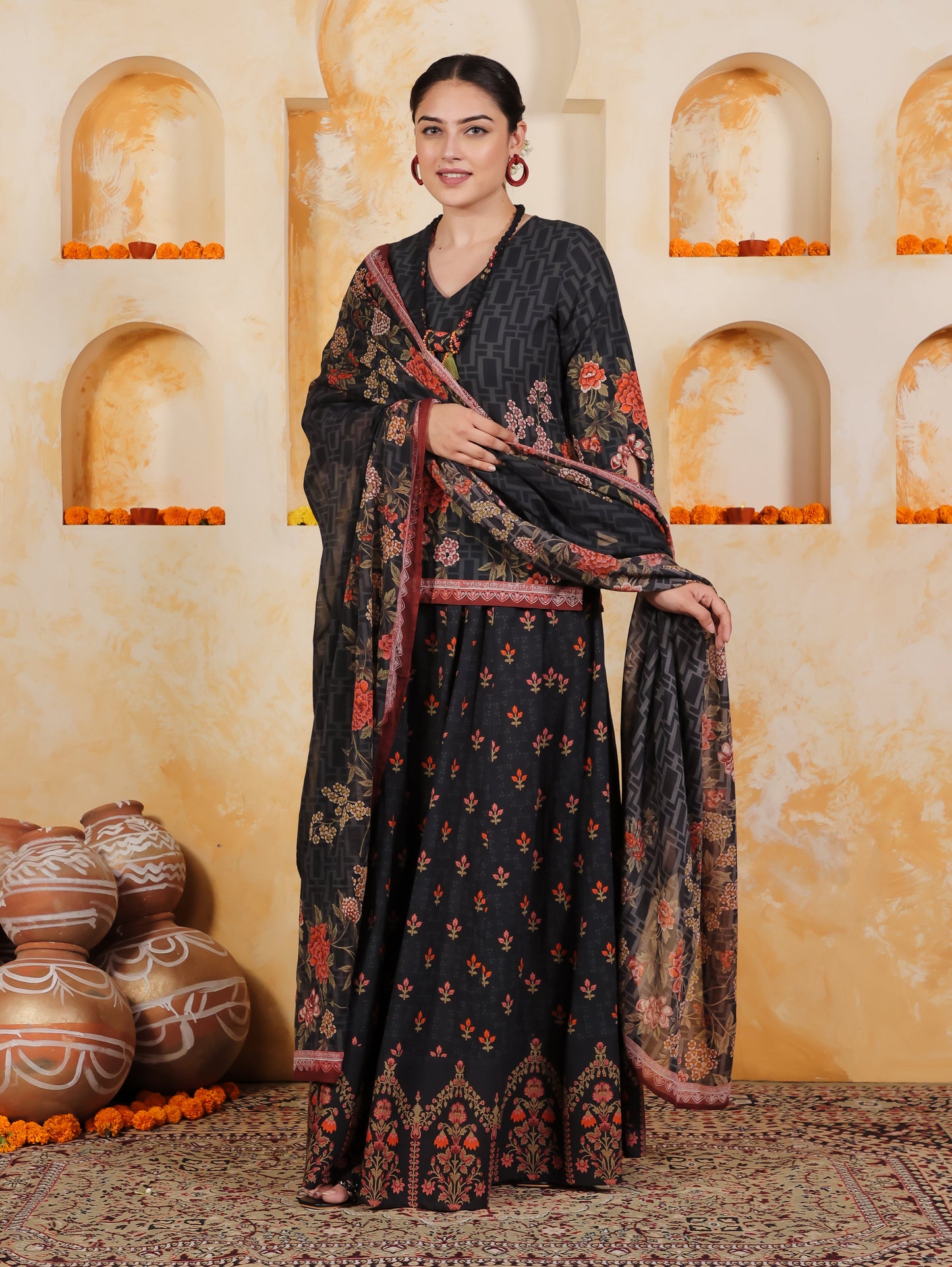 Cotton Voile Floral Black Dupatta