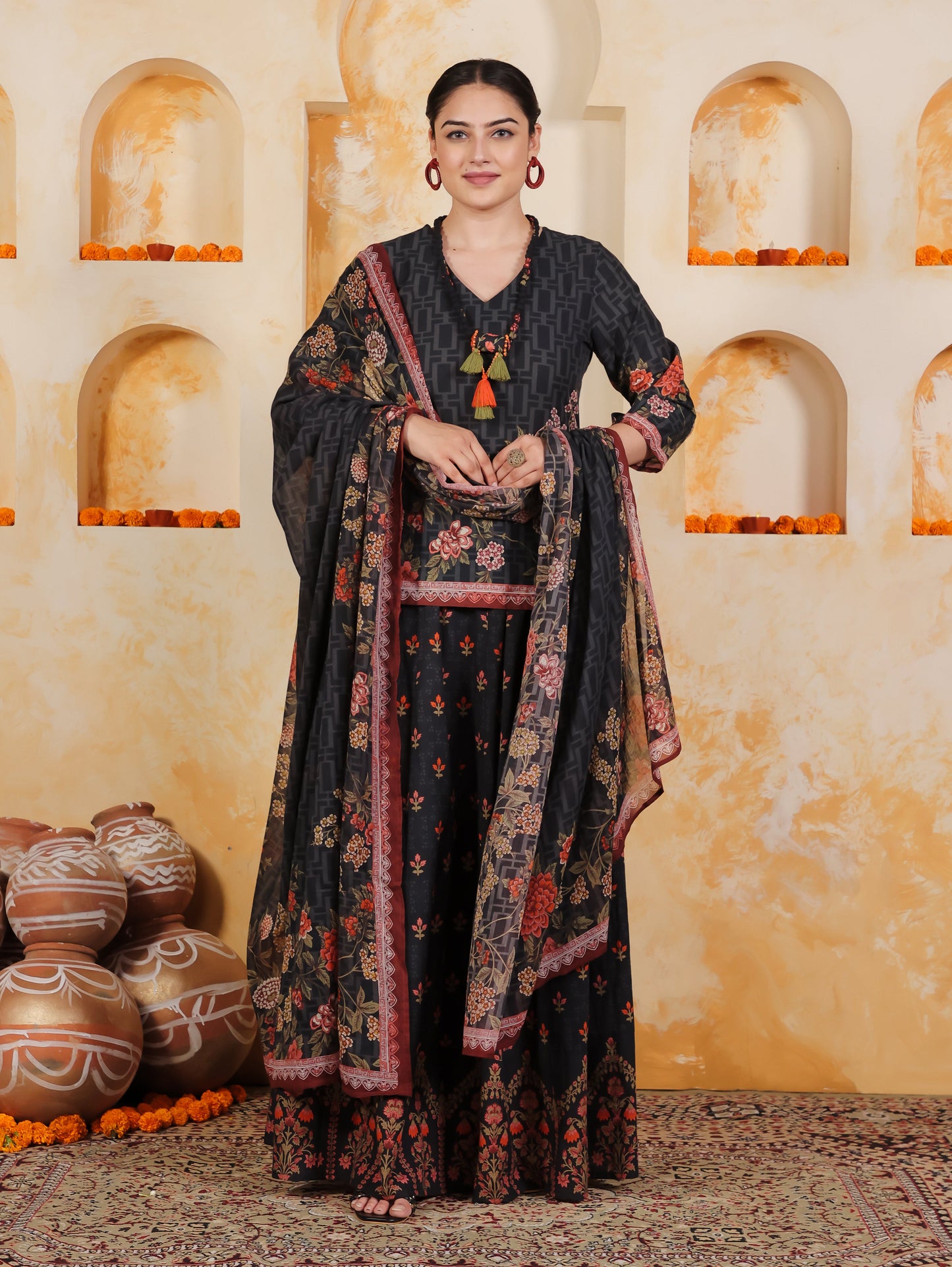 Cotton Voile Floral Black Dupatta