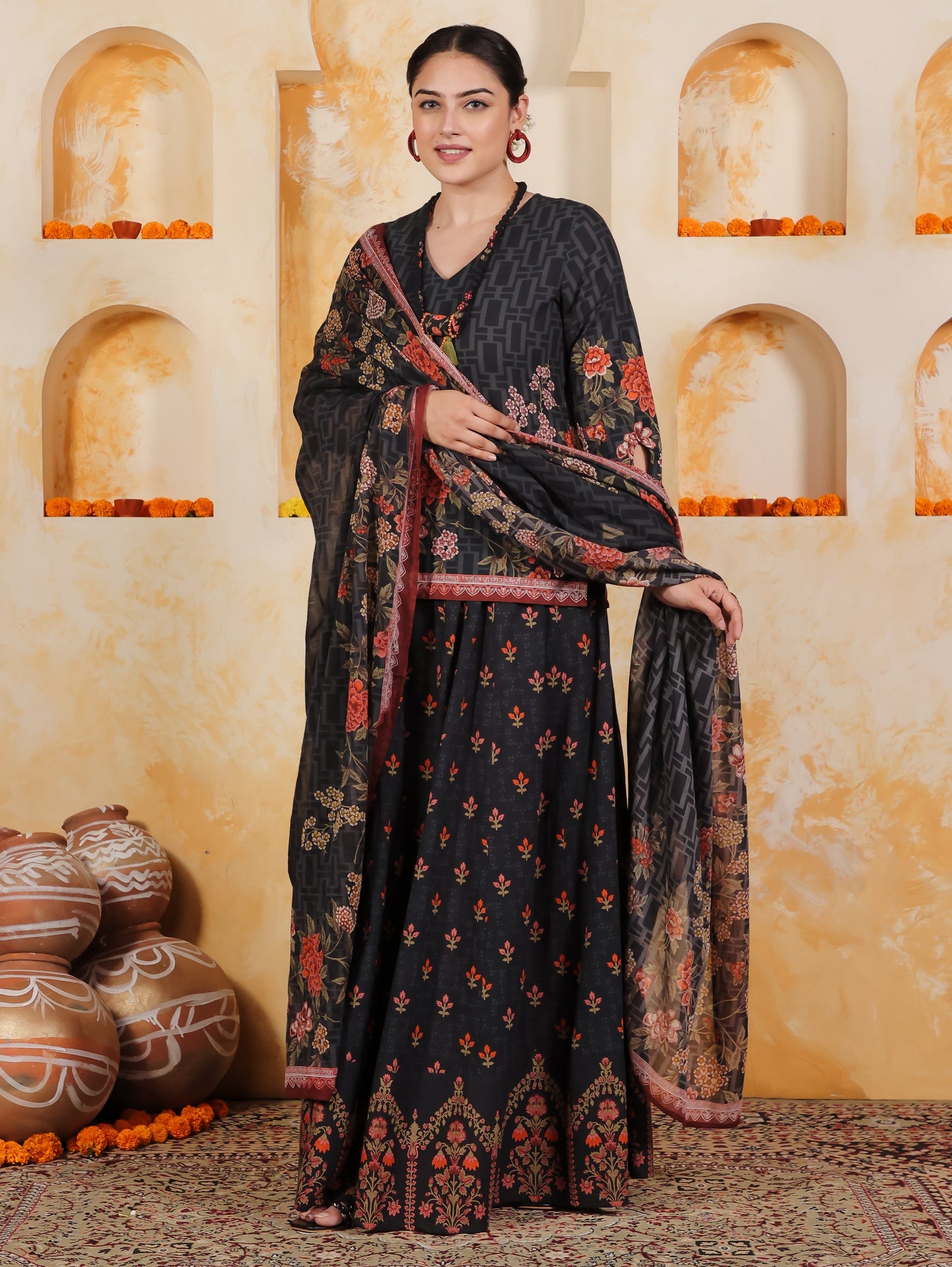Soft Cotton Placement Print Straight Black Kurta (With Necklace)