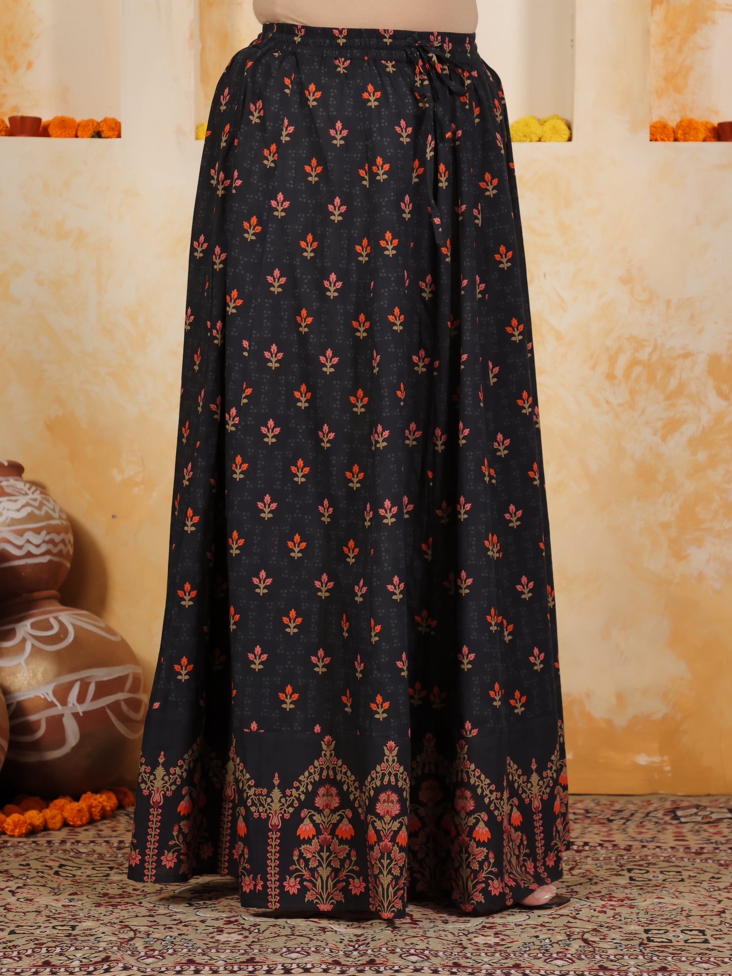 Soft Cotton Placement Print Straight Black Kurta (With Necklace)