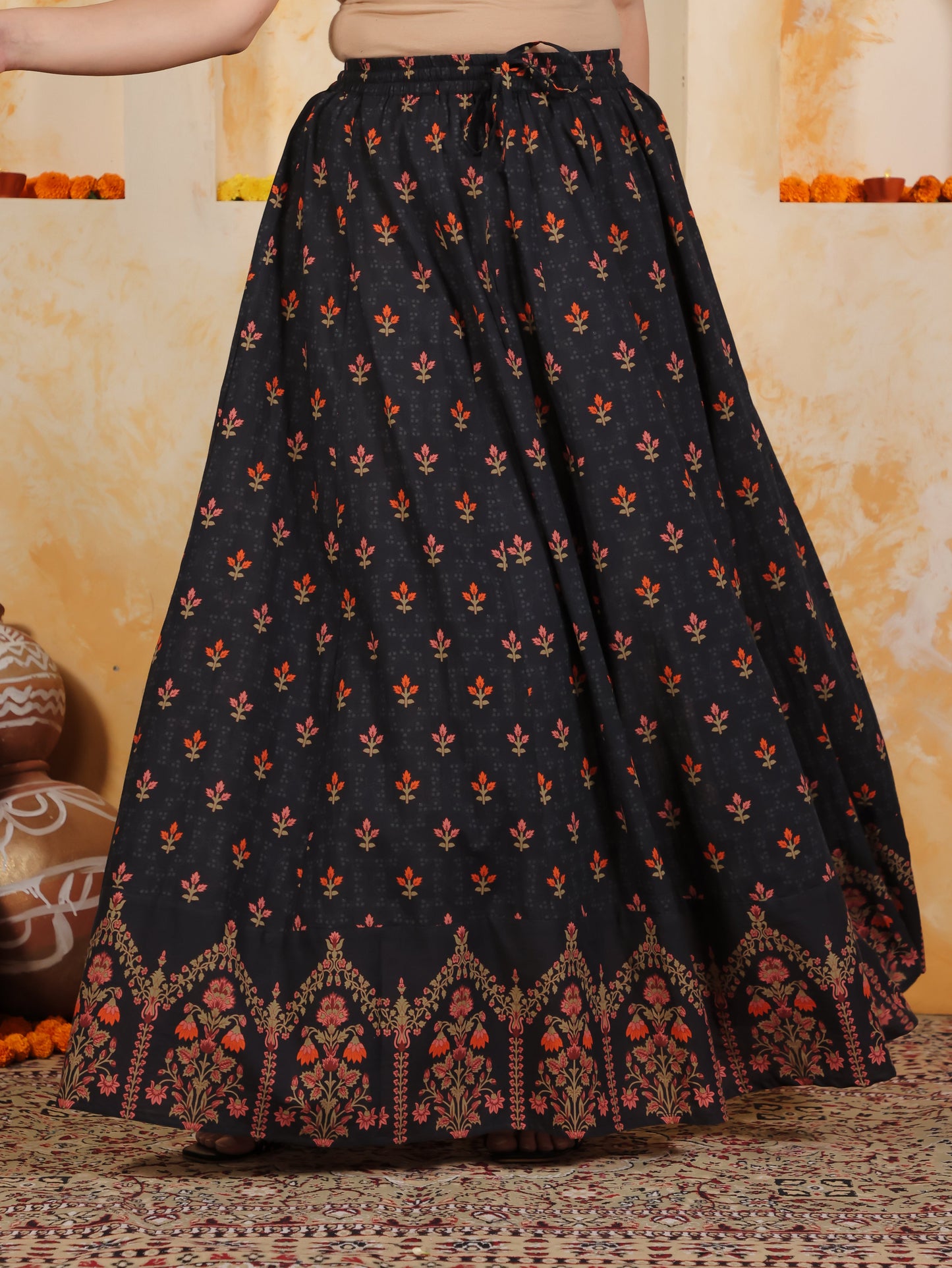 Soft Cotton Placement Print Straight Black Kurta (With Necklace)