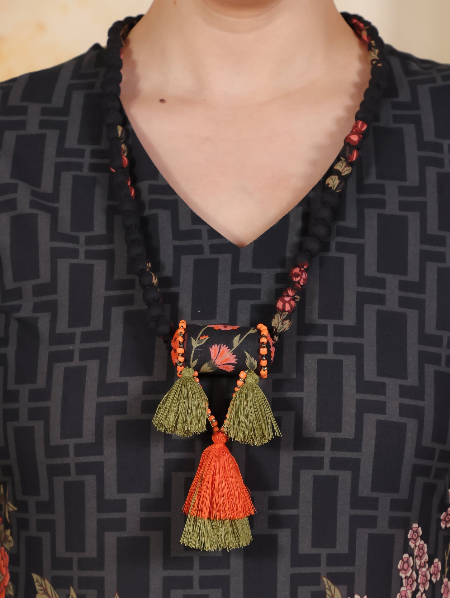 Soft Cotton Placement Print Straight Black Kurta (With Necklace)