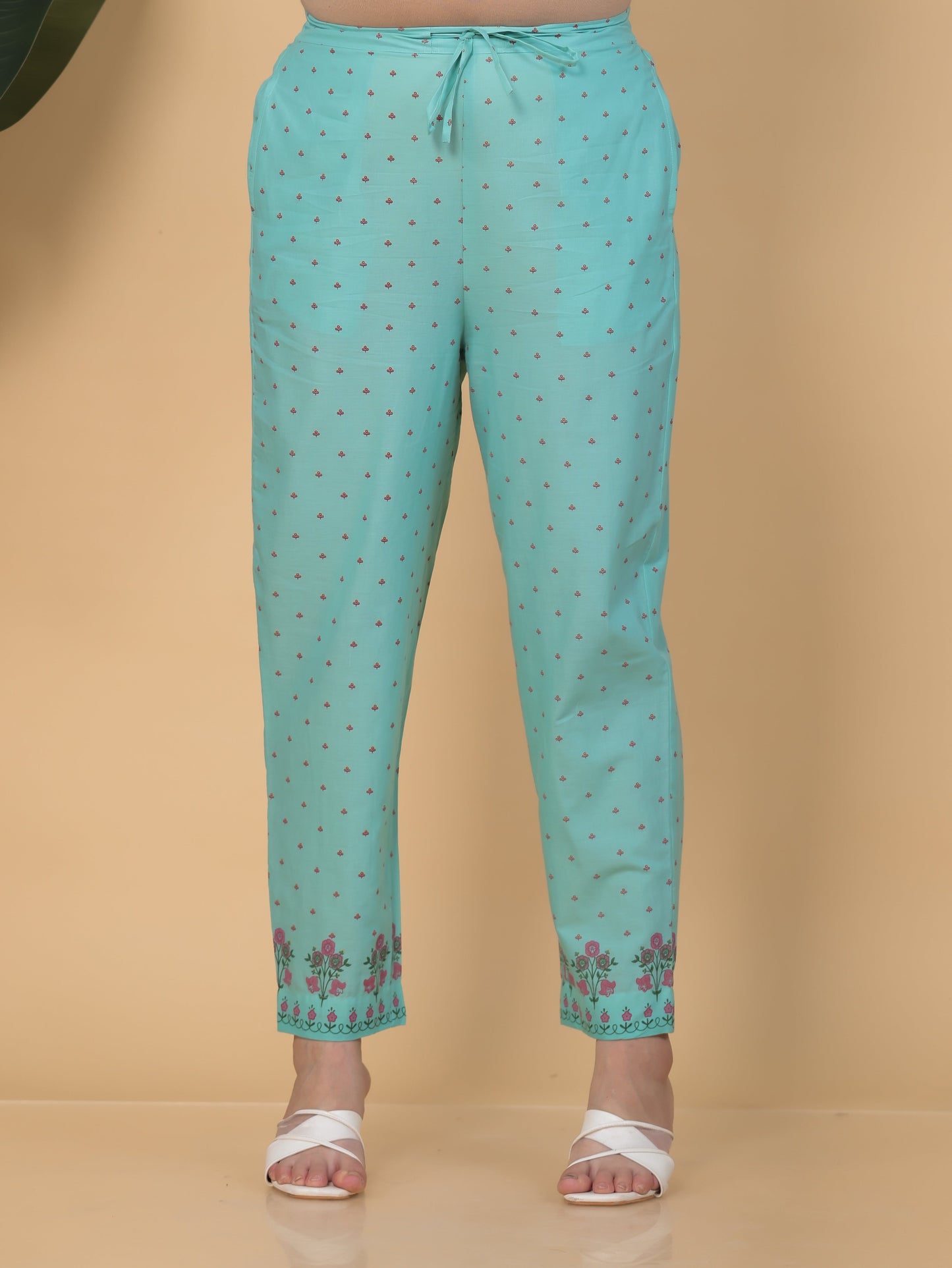 Soft Cotton Floral Turquoise Tapered Trousers