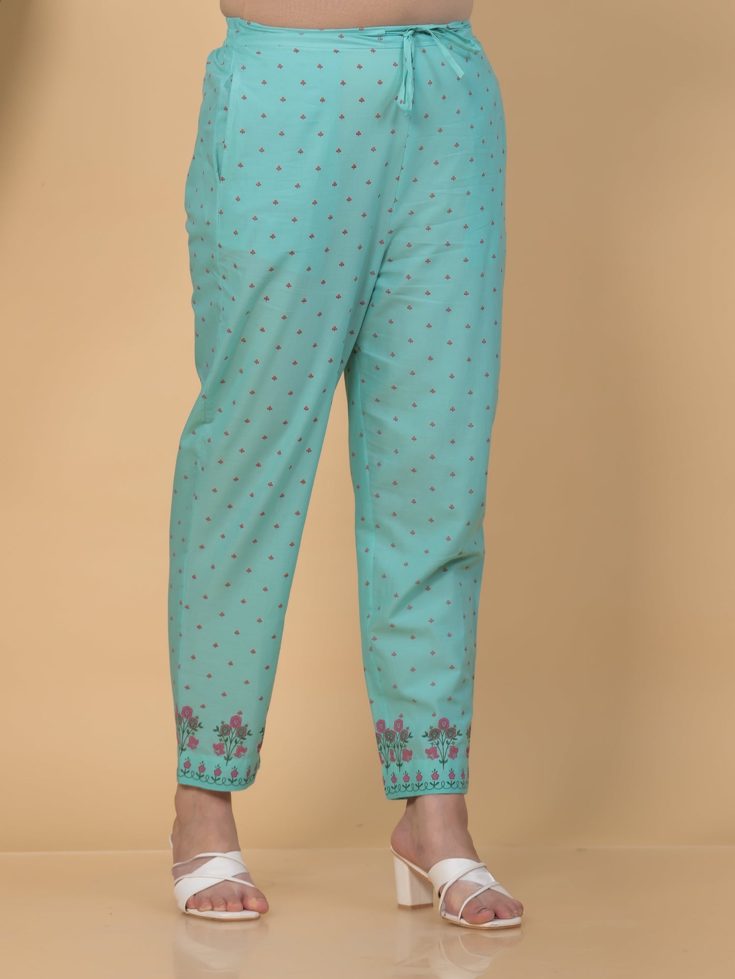 Soft Cotton Floral Turquoise Tapered Trousers