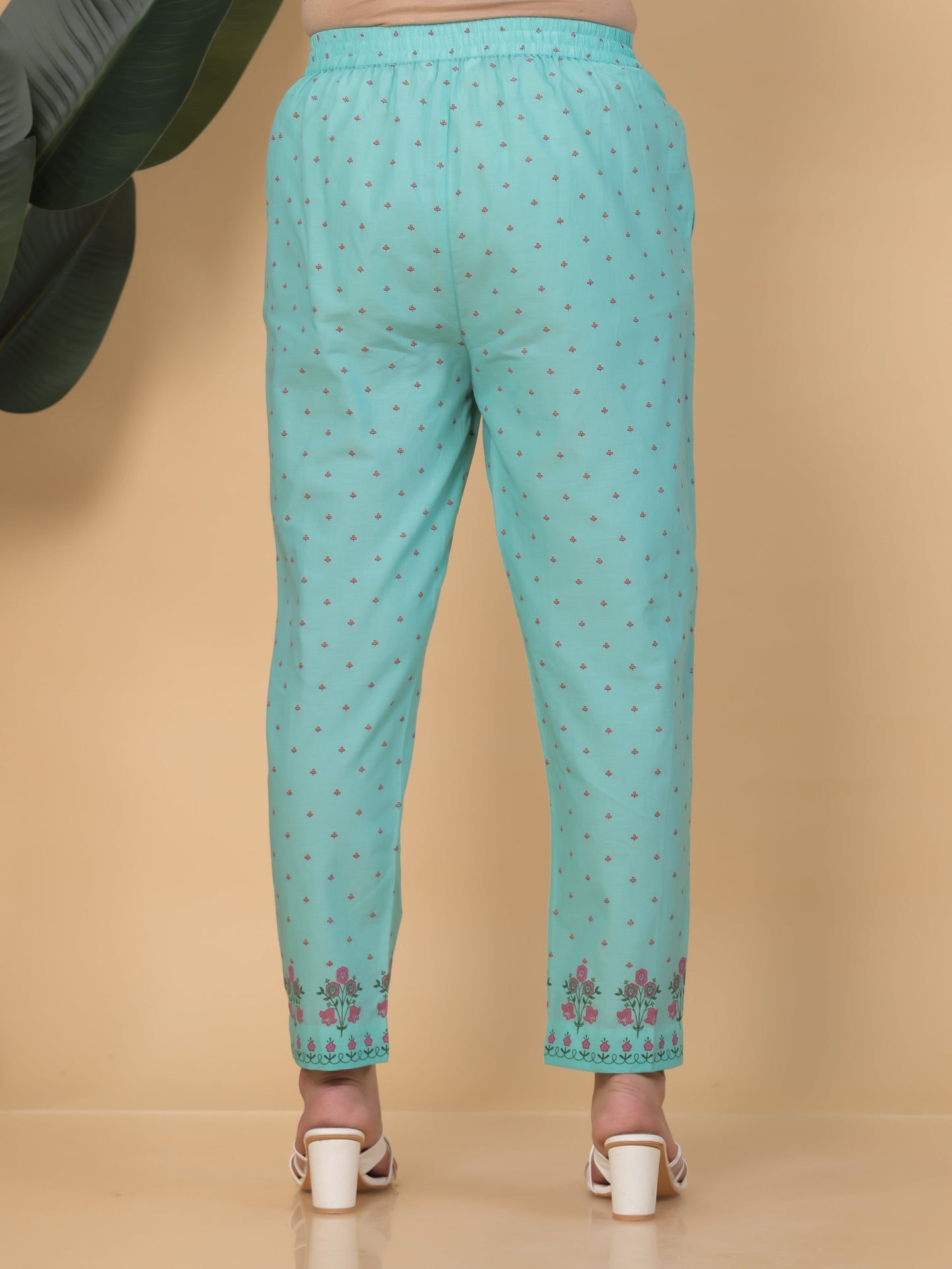 Soft Cotton Floral Turquoise Tapered Trousers
