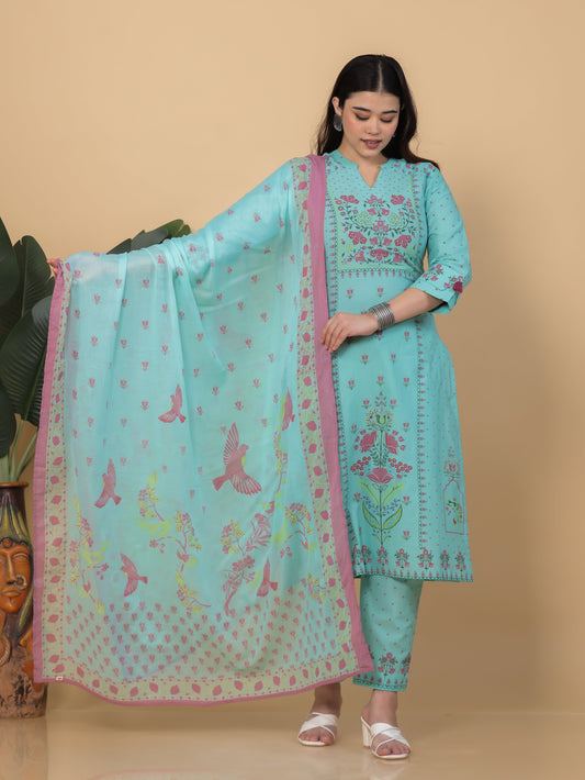 Cotton Voile Floral Turquoise Dupatta