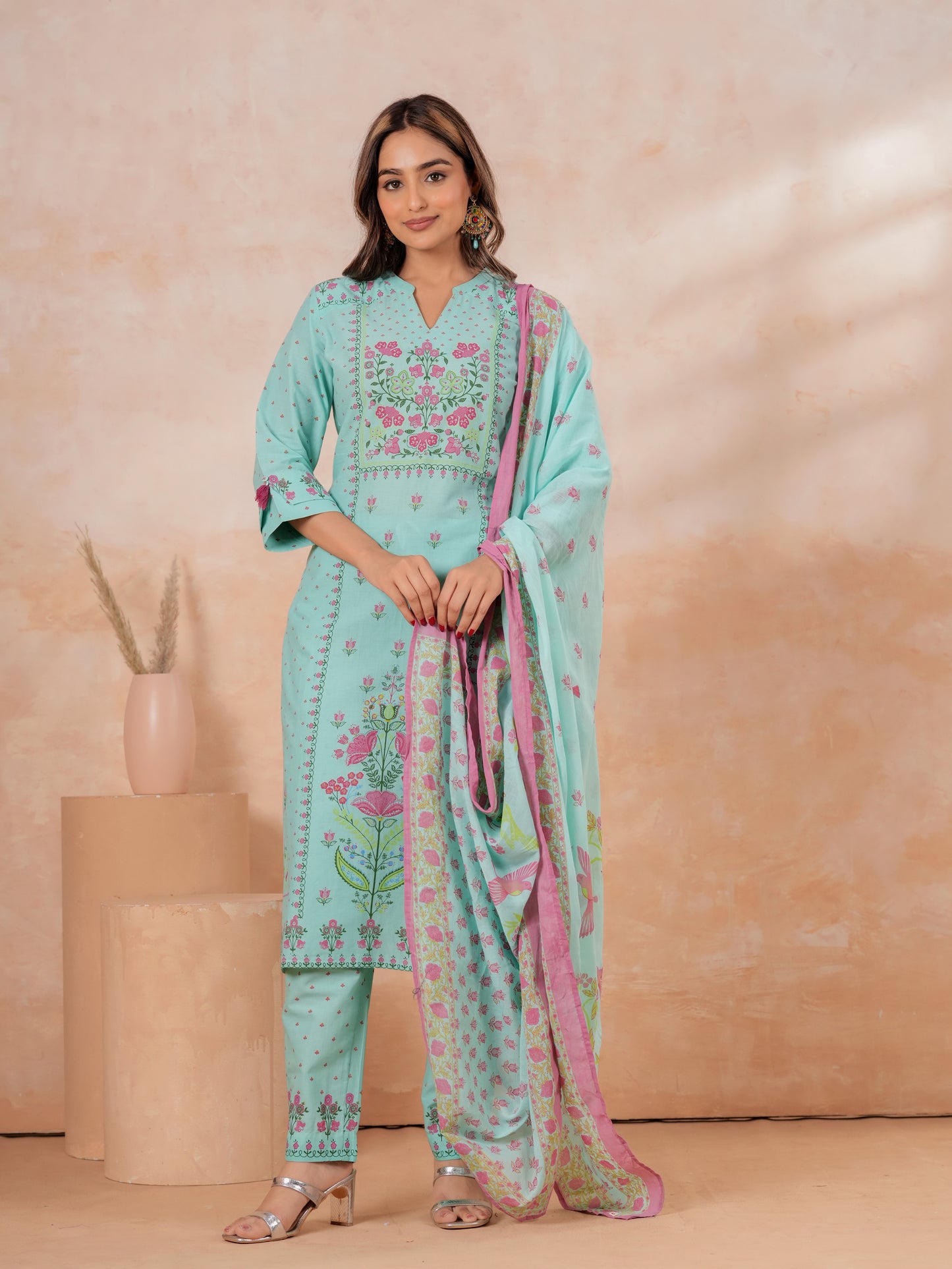 Cotton Voile Floral Turquoise Dupatta