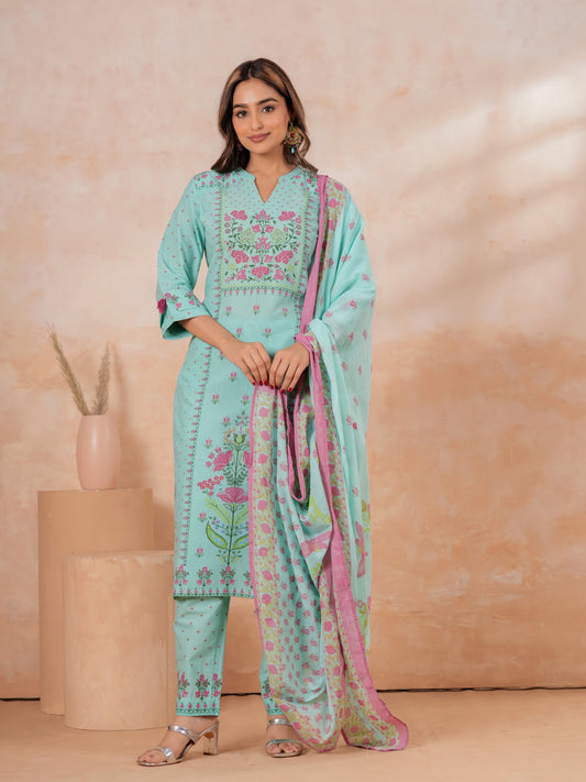 Cotton Voile Floral Turquoise Dupatta