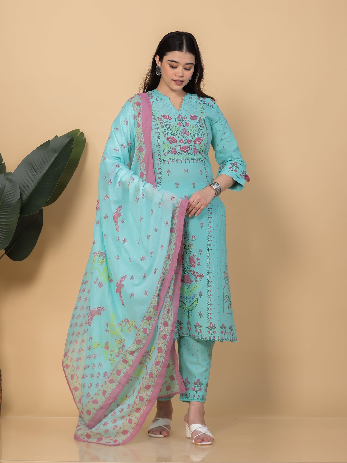 Cotton Voile Floral Turquoise Dupatta