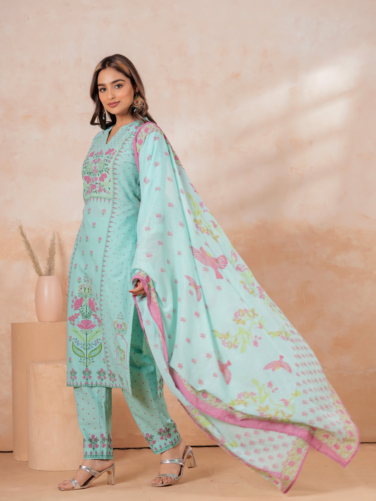 Cotton Voile Floral Turquoise Dupatta