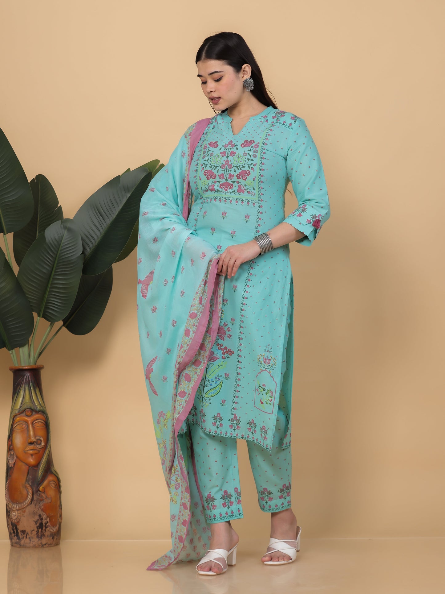 Cotton Voile Floral Turquoise Dupatta