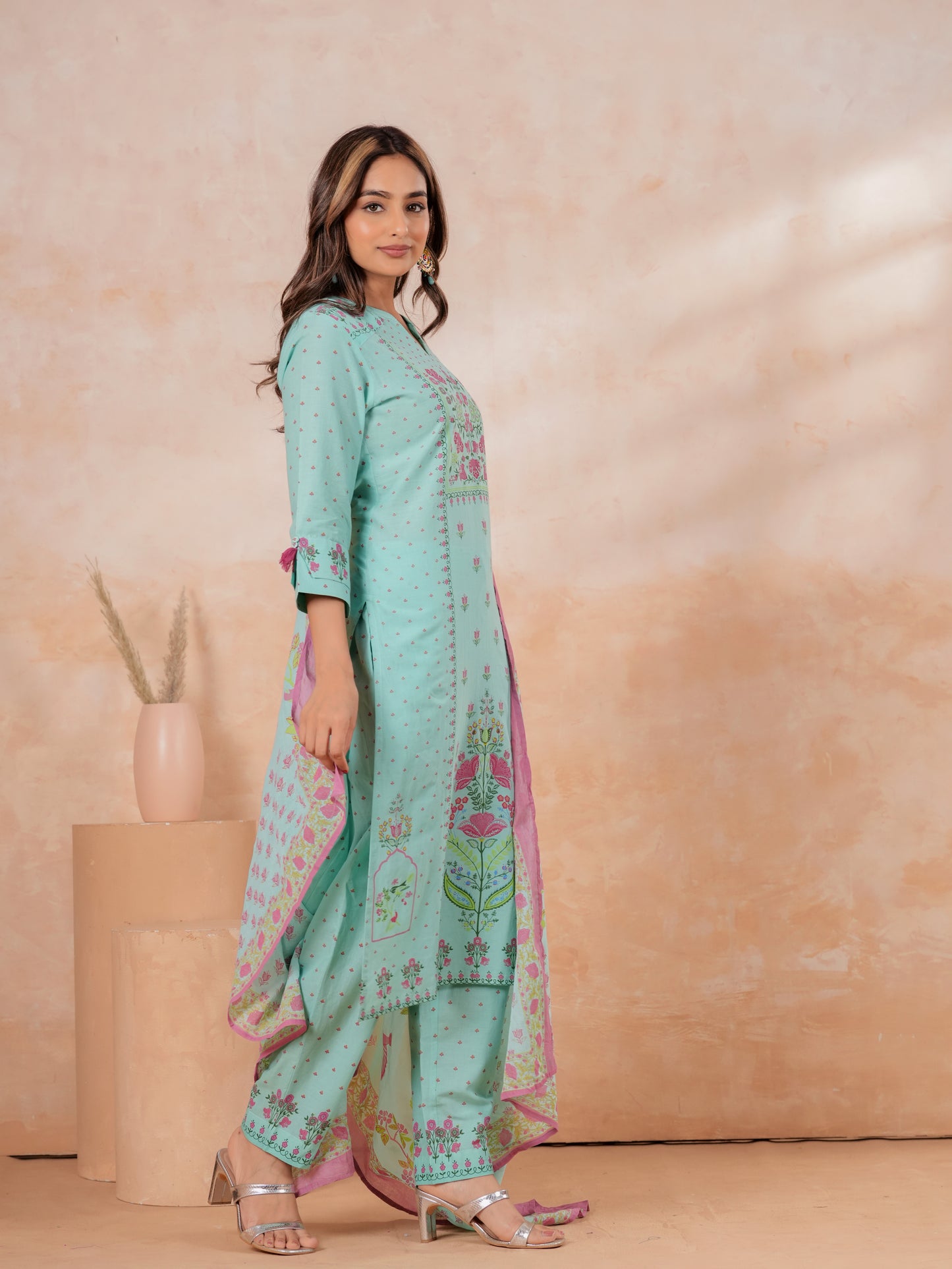 Cotton Voile Floral Turquoise Dupatta