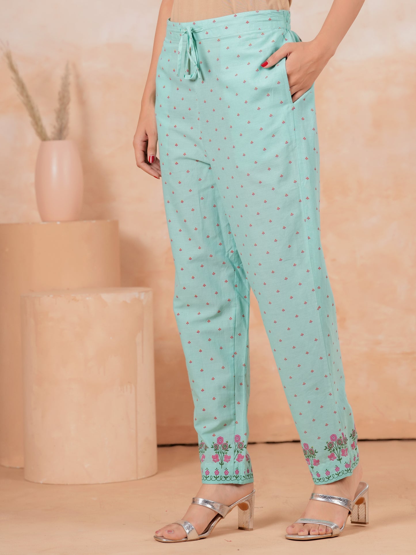Soft Cotton Floral Straight Turquoise Kurta