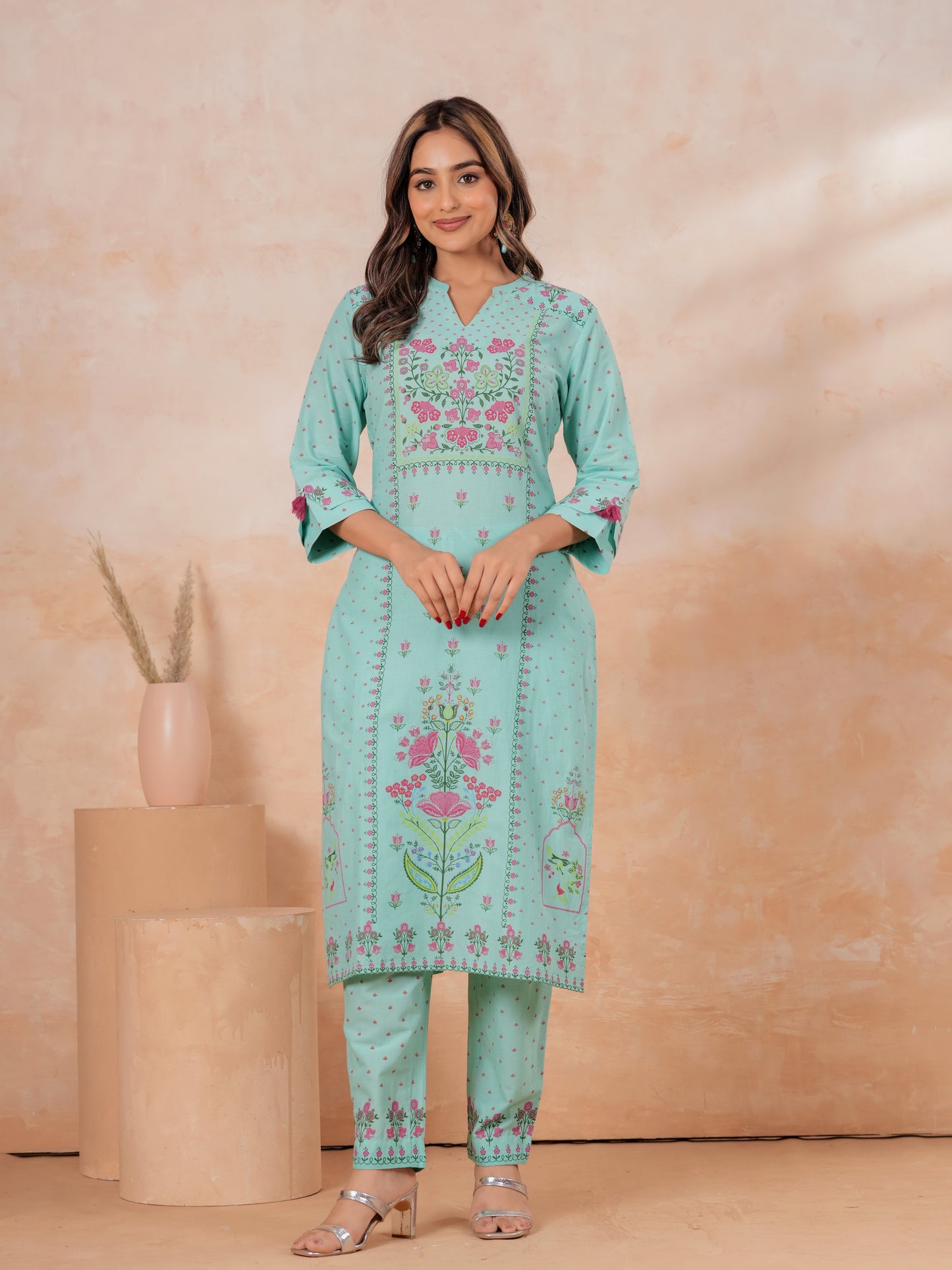 Soft Cotton Floral Straight Turquoise Kurta
