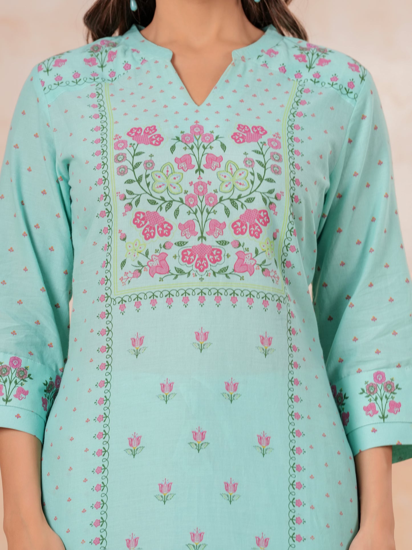 Soft Cotton Floral Straight Turquoise Kurta