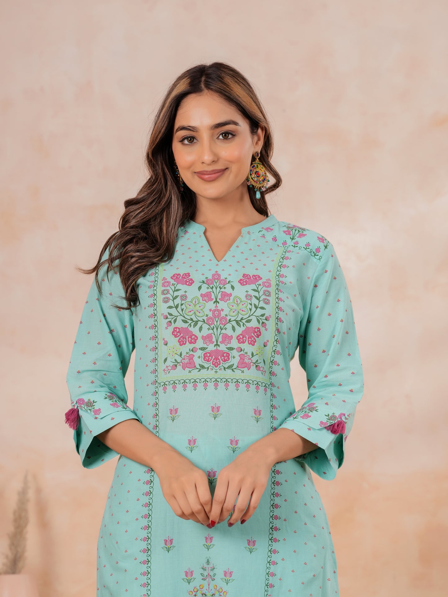 Soft Cotton Floral Straight Turquoise Kurta