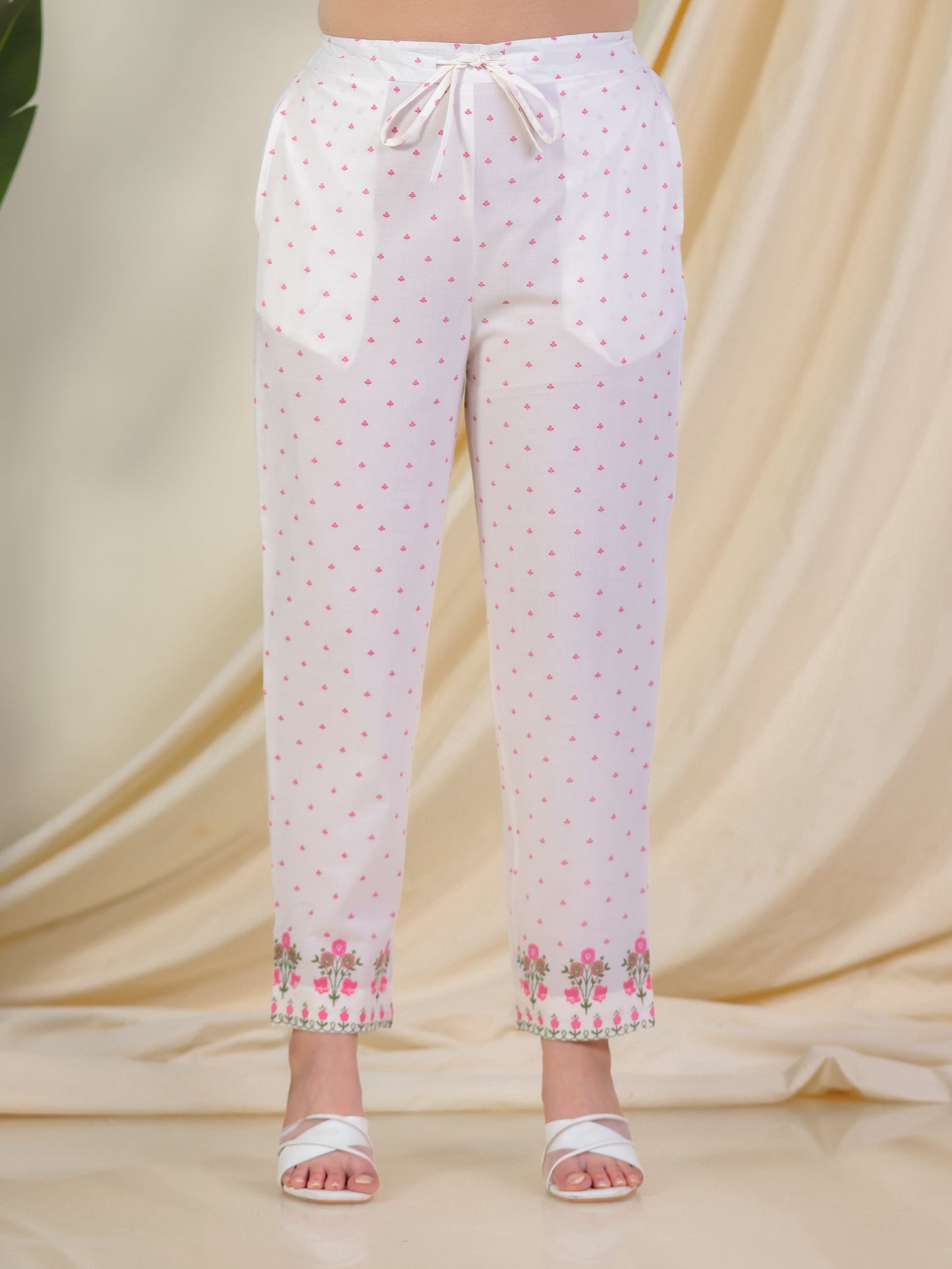 Soft Cotton Floral Off White Tapered Trousers
