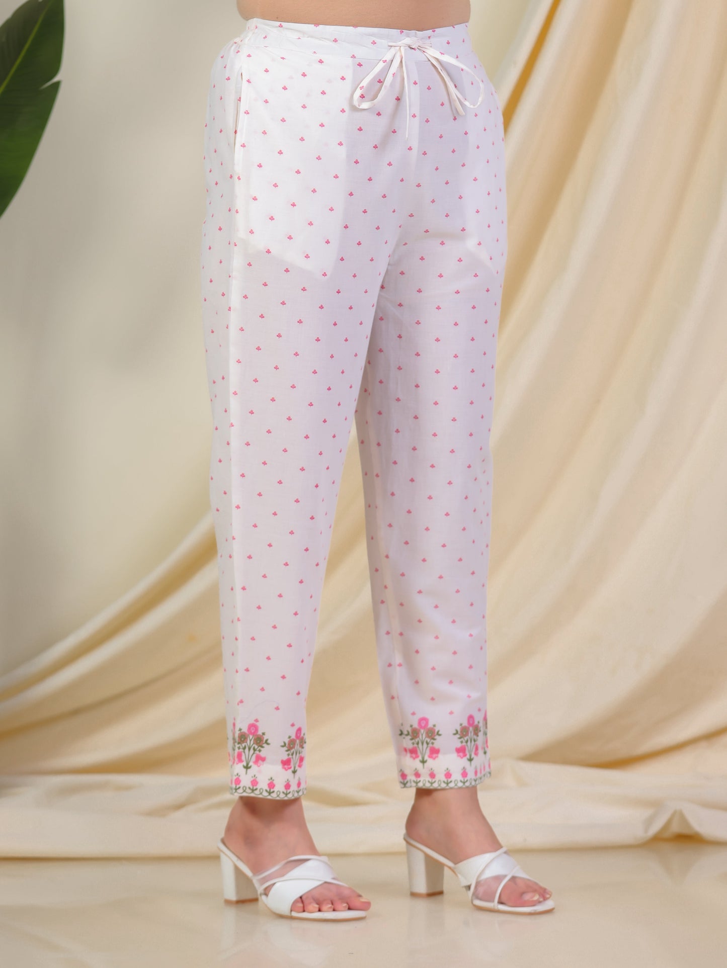 Soft Cotton Floral Off White Tapered Trousers