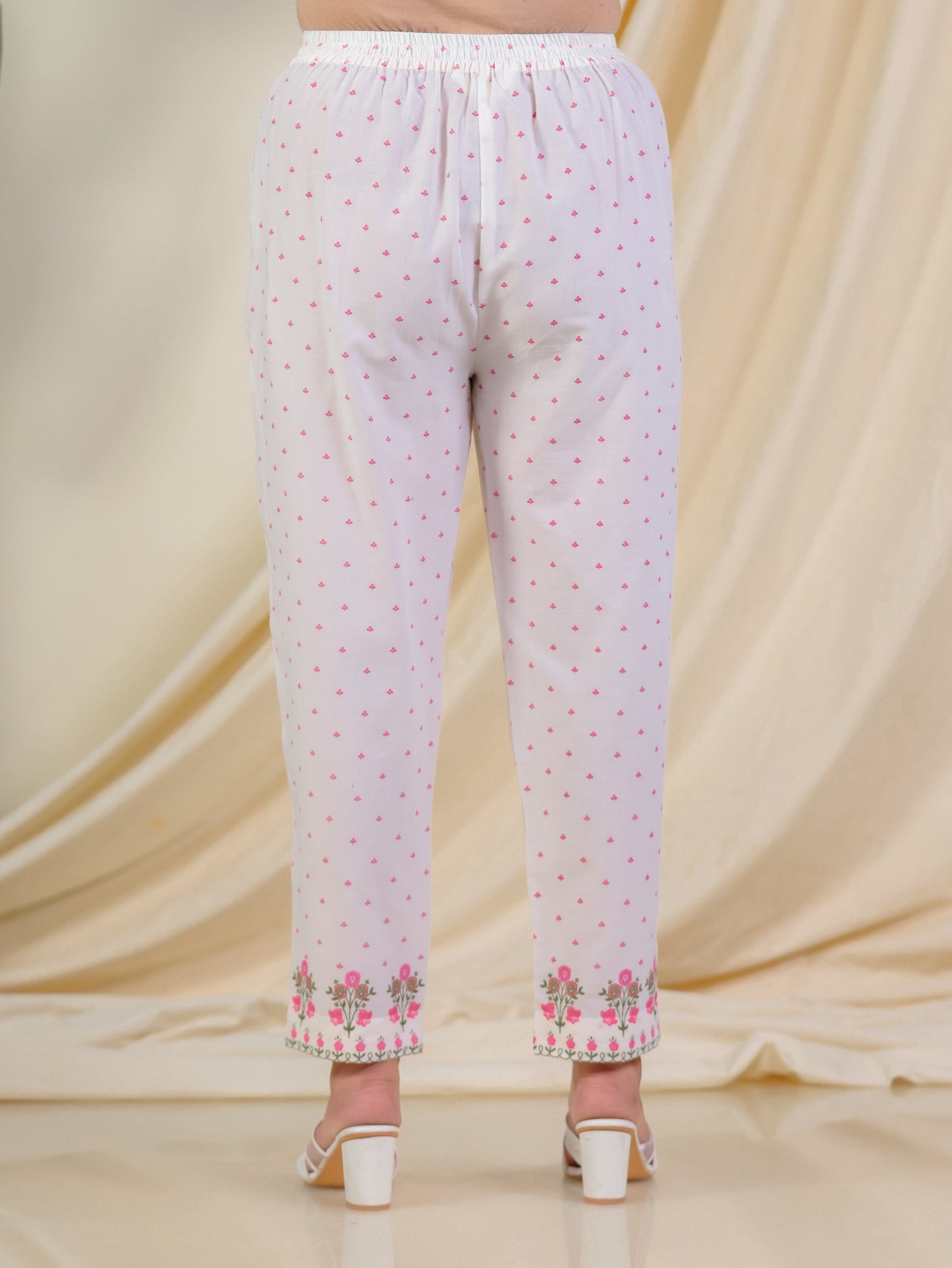 Soft Cotton Floral Off White Tapered Trousers