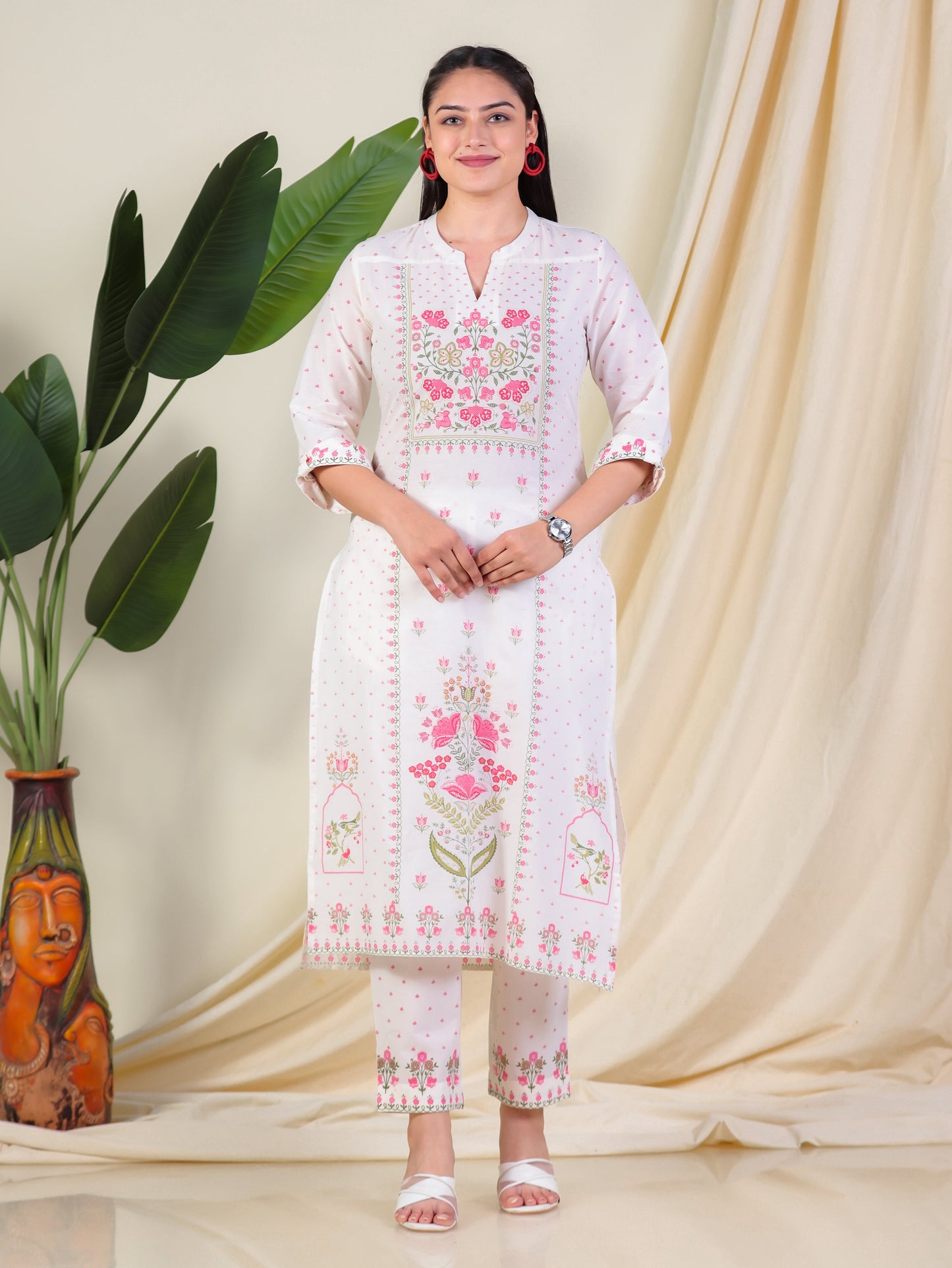 Soft Cotton Floral Straight Off White Kurta