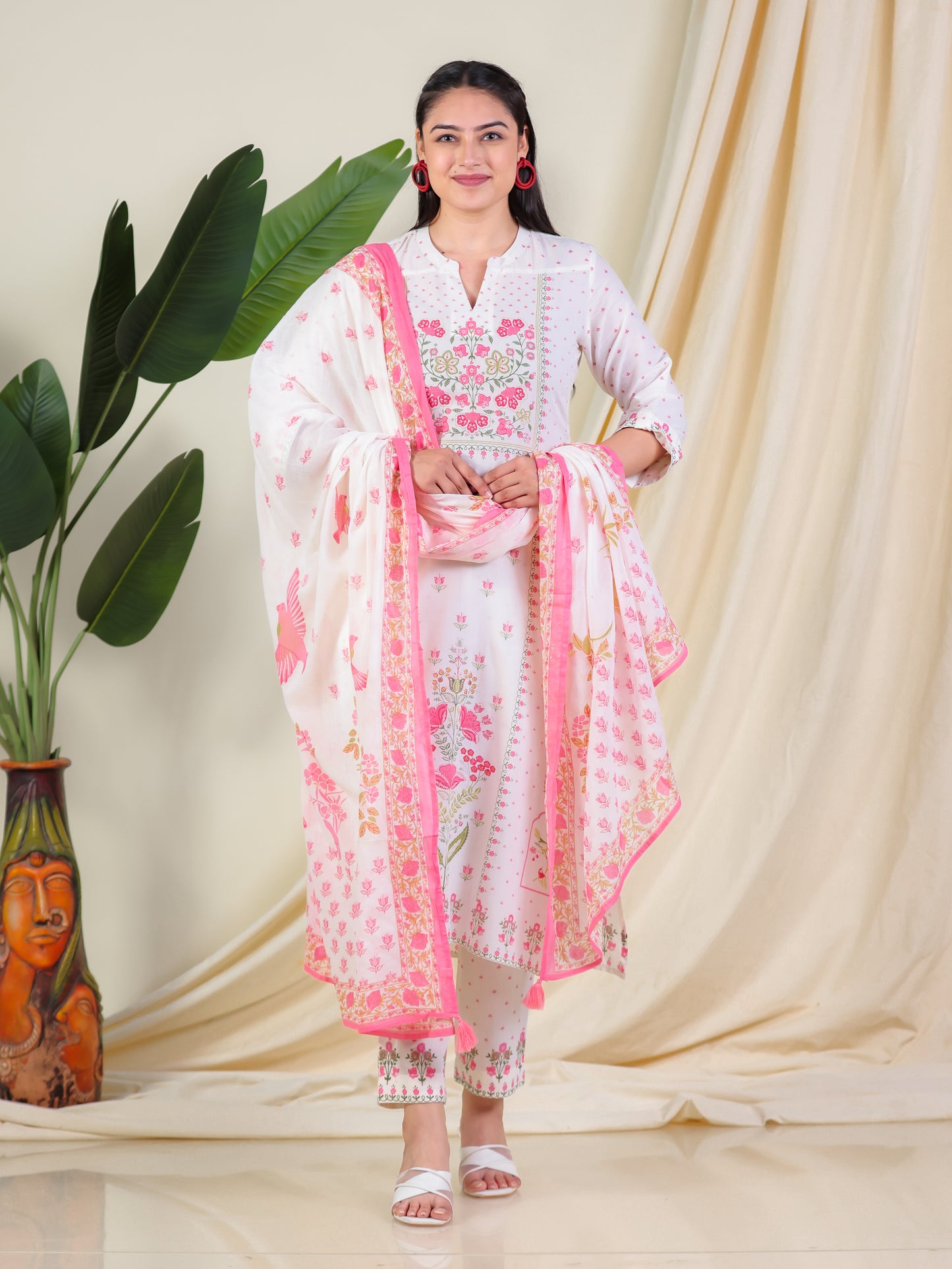 Soft Cotton Floral Straight Off White Kurta