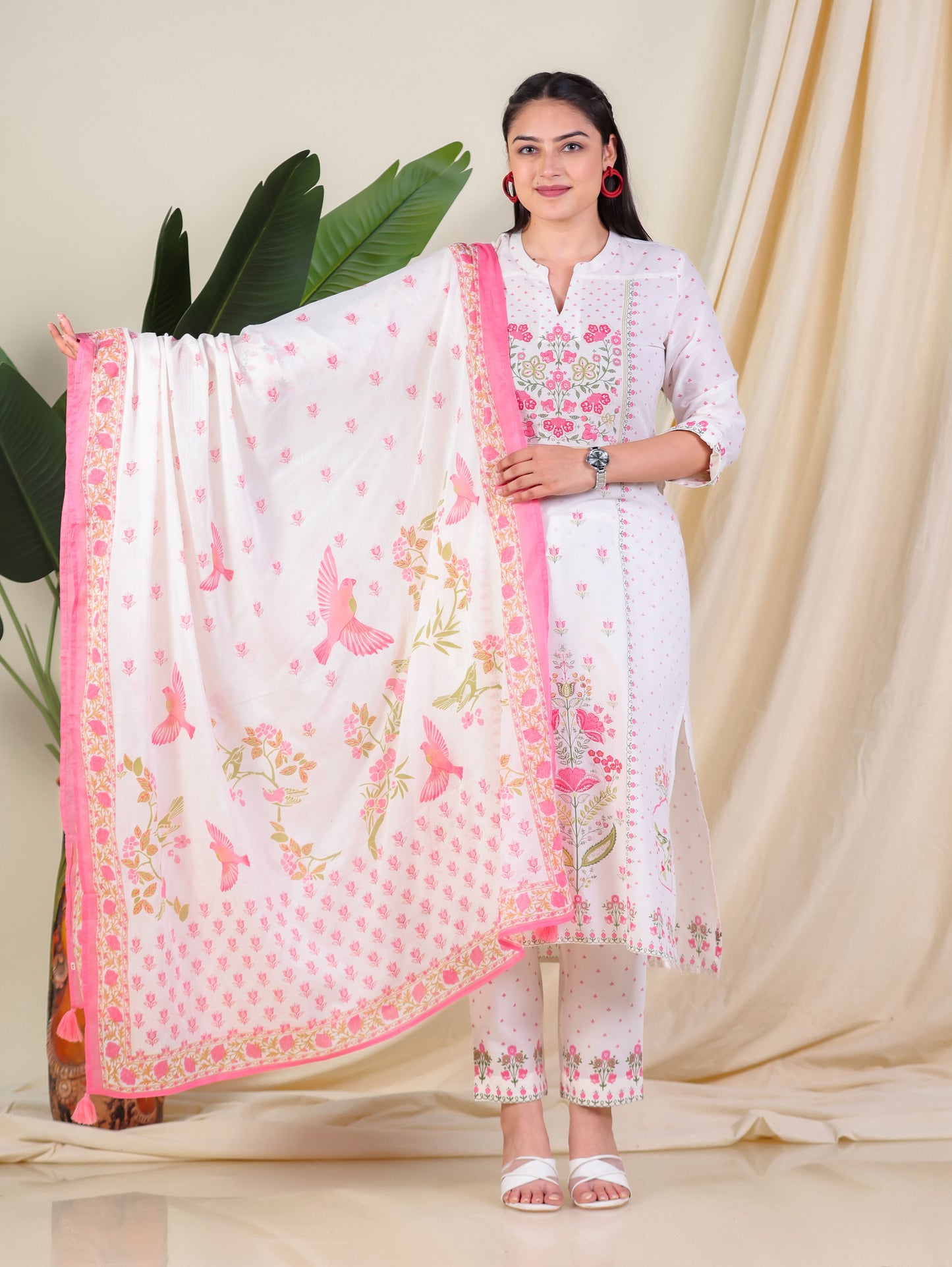 Soft Cotton Floral Straight Off White Kurta