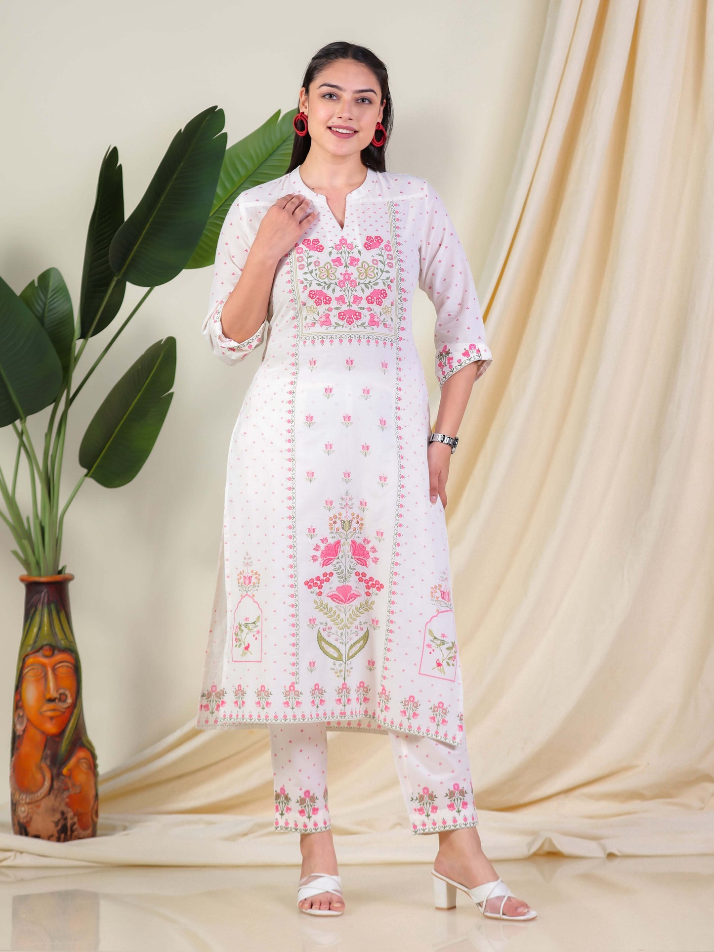 Soft Cotton Floral Straight Off White Kurta