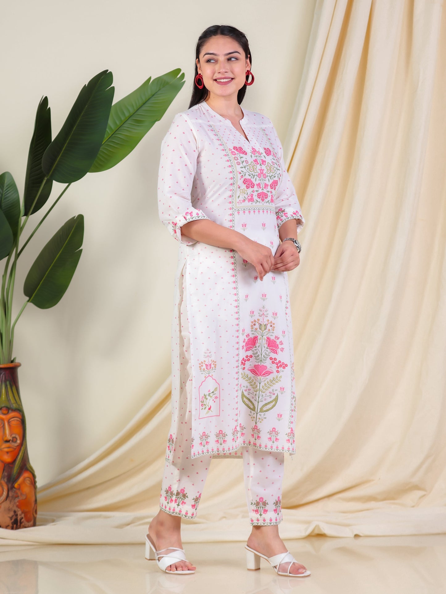 Soft Cotton Floral Straight Off White Kurta