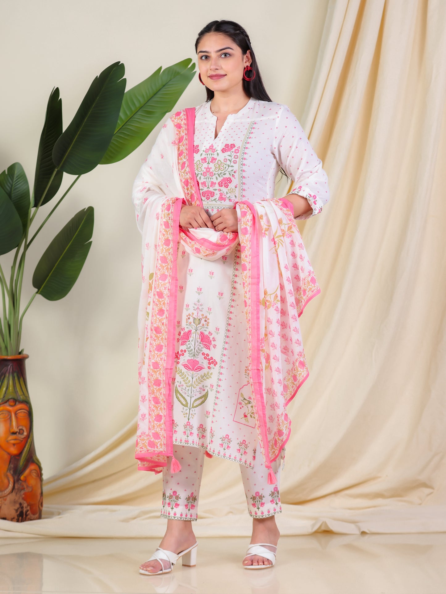 Soft Cotton Floral Straight Off White Kurta
