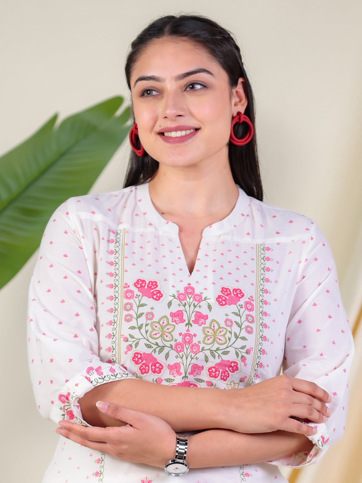 Soft Cotton Floral Straight Off White Kurta