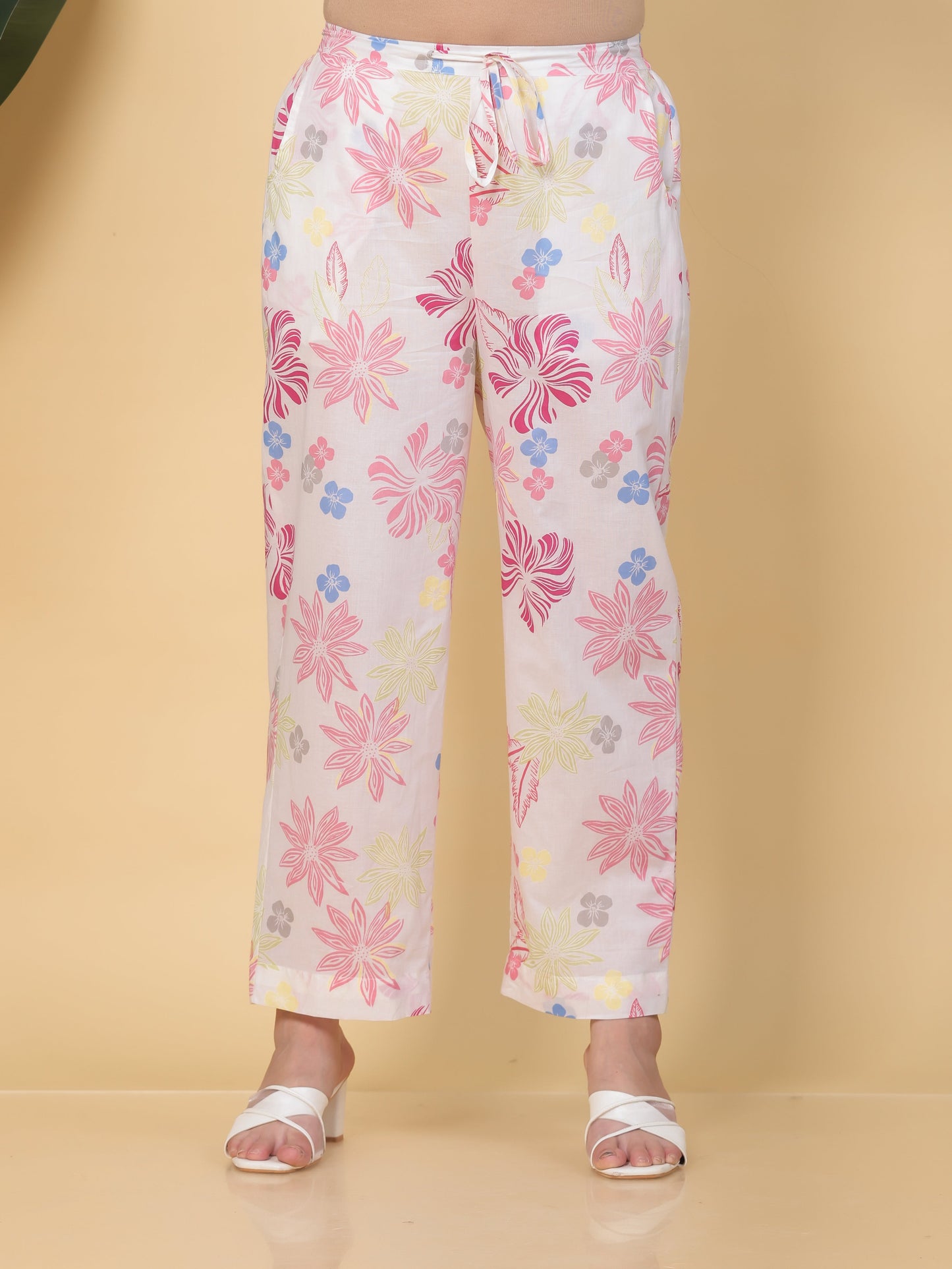 Soft Cotton Floral Off White Straight Trousers