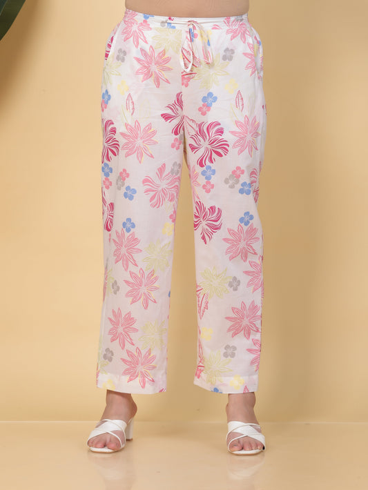 Soft Cotton Floral Off White Straight Trousers