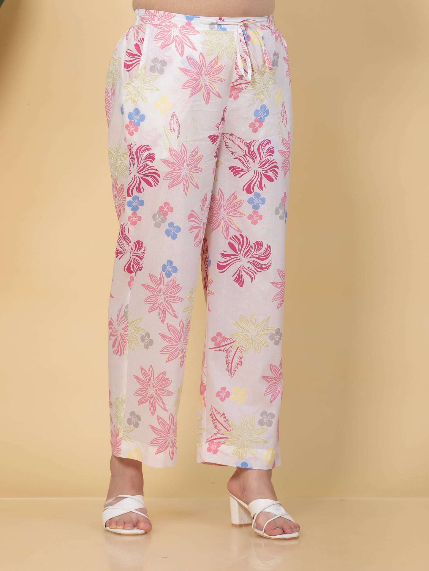Soft Cotton Floral Off White Straight Trousers