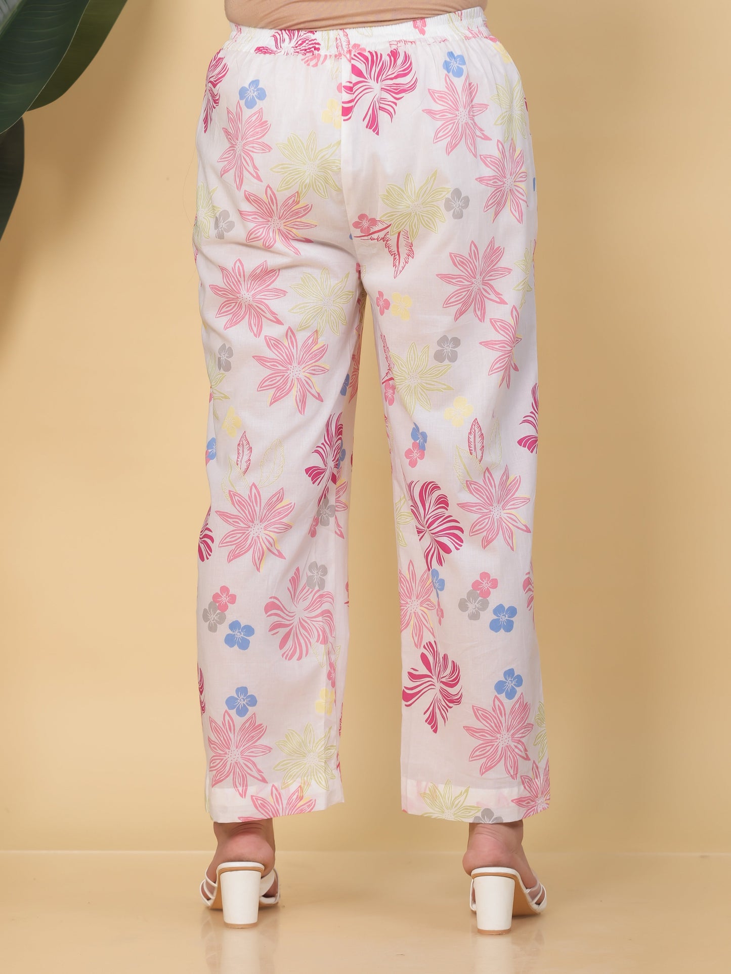 Soft Cotton Floral Off White Straight Trousers