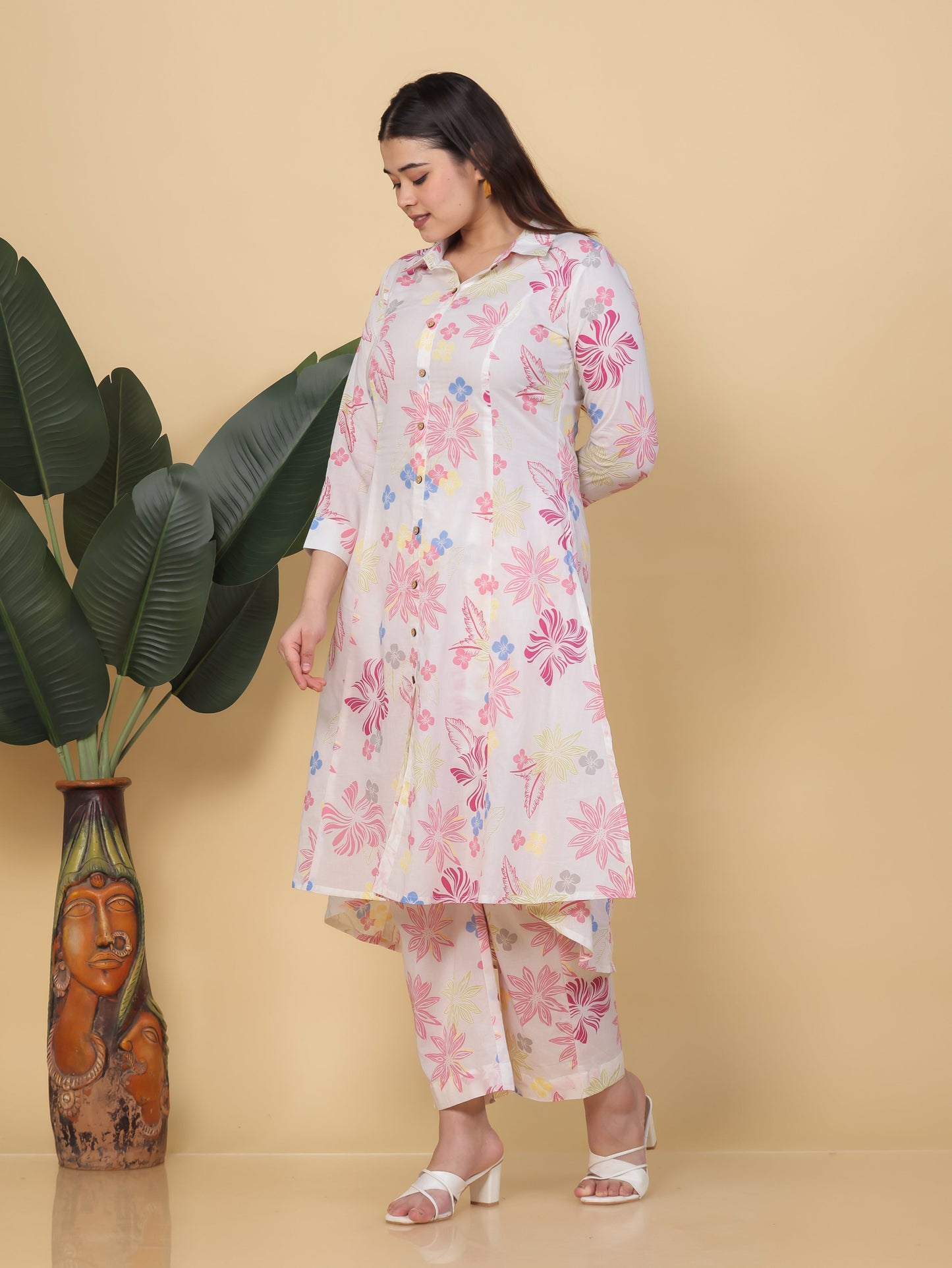 Soft Cotton Floral High Low Off White Kurta
