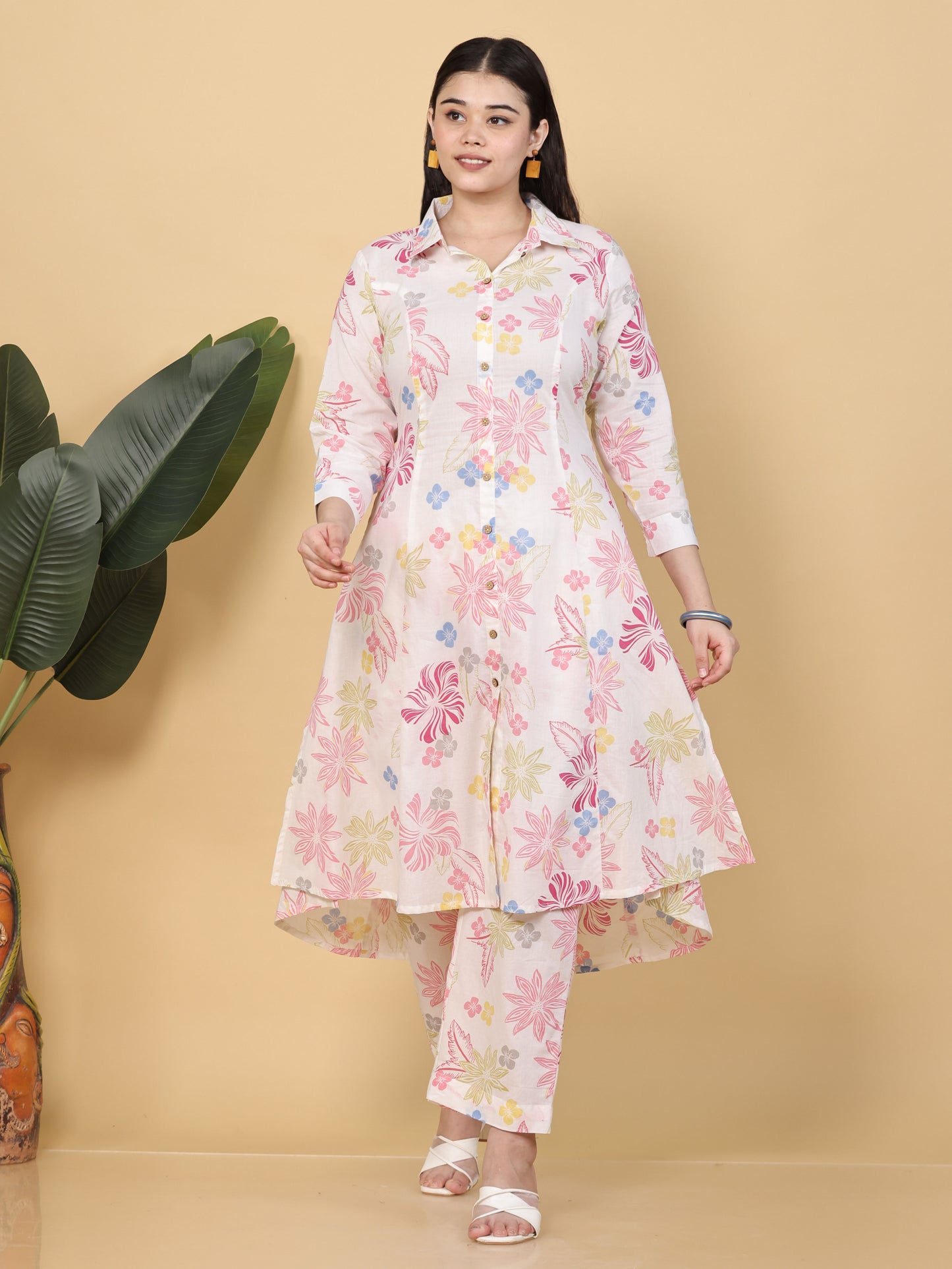 Soft Cotton Floral High Low Off White Kurta