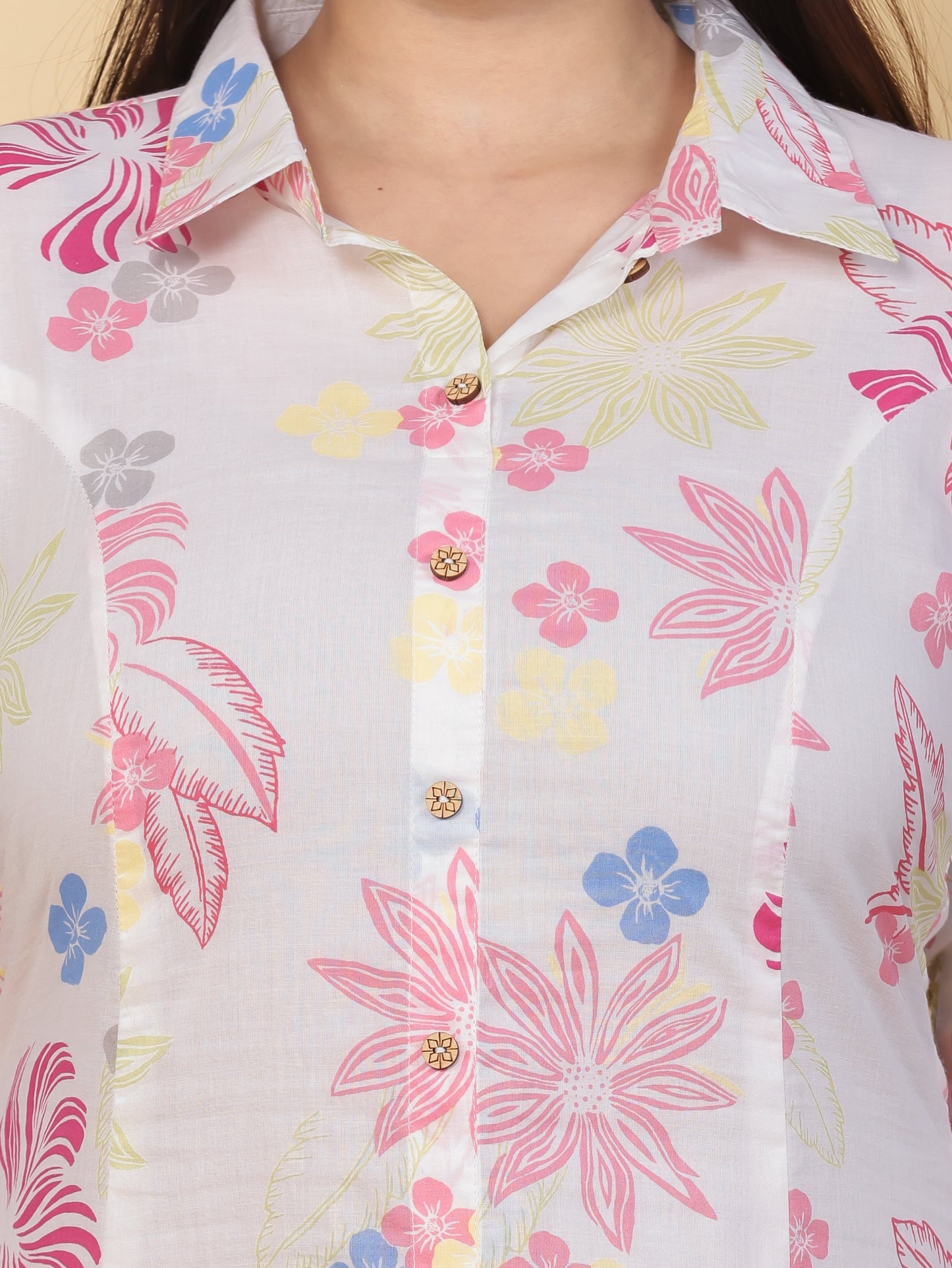 Soft Cotton Floral High Low Off White Kurta