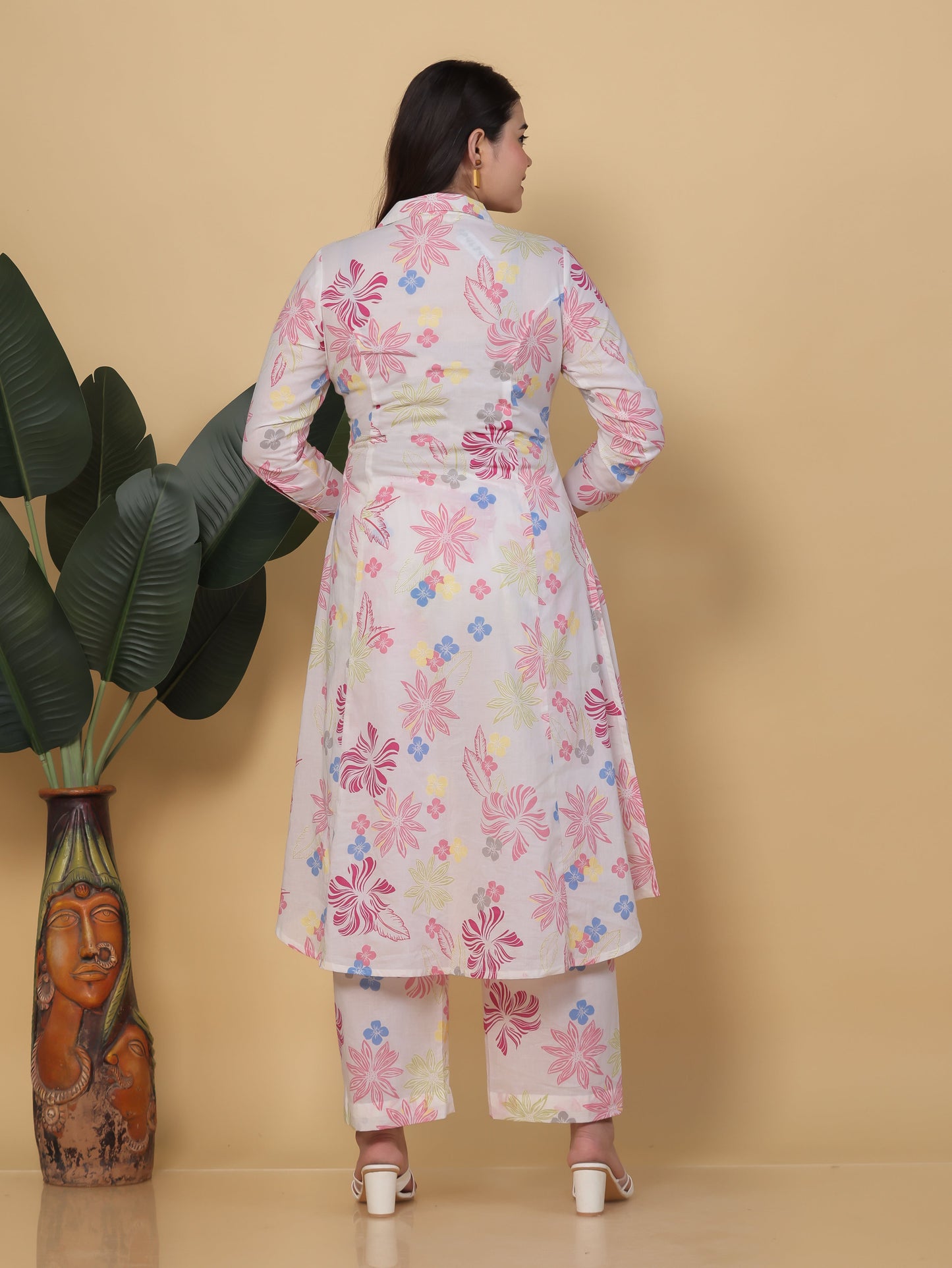 Soft Cotton Floral High Low Off White Kurta