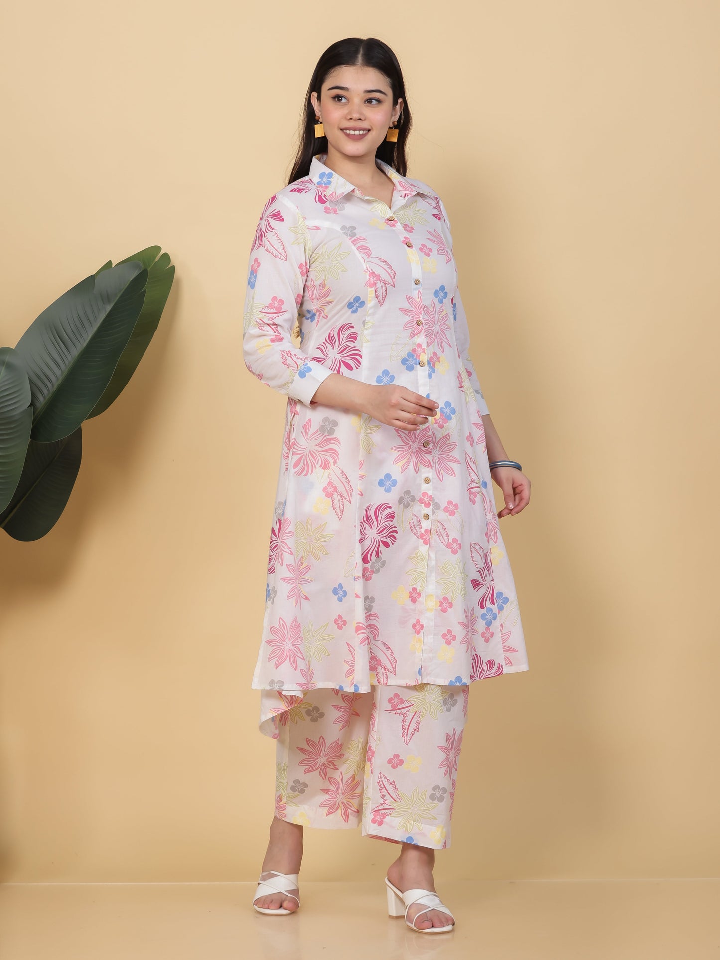 Soft Cotton Floral High Low Off White Kurta