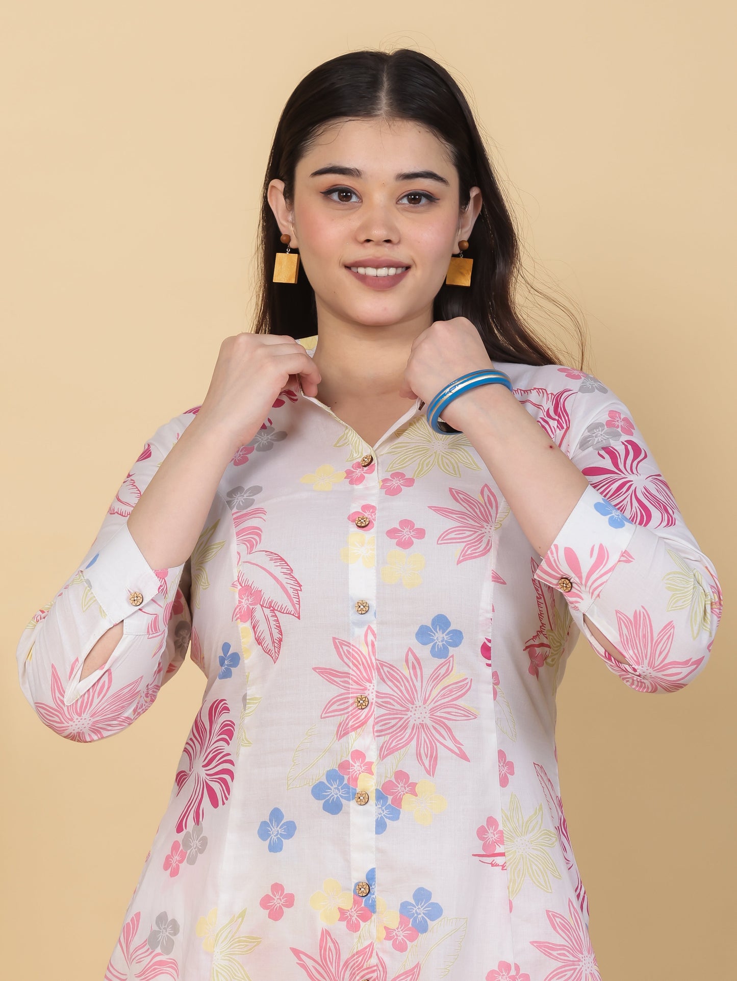 Soft Cotton Floral High Low Off White Kurta