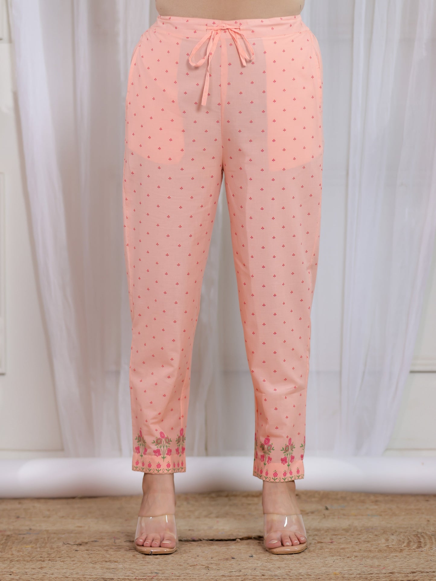 Soft Cotton Floral Peach Tapered Trousers