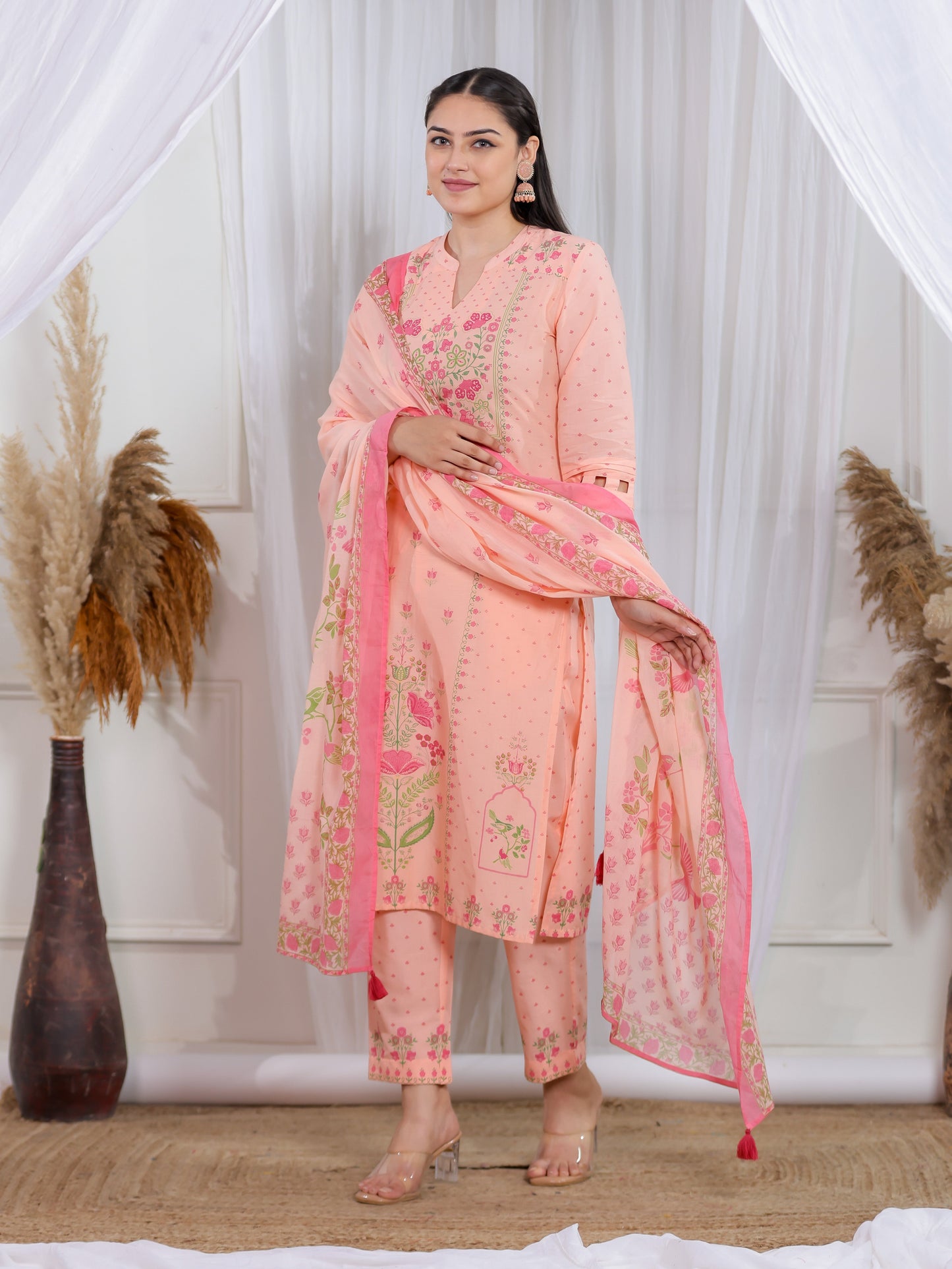 Cotton Voile Floral Peach Dupatta